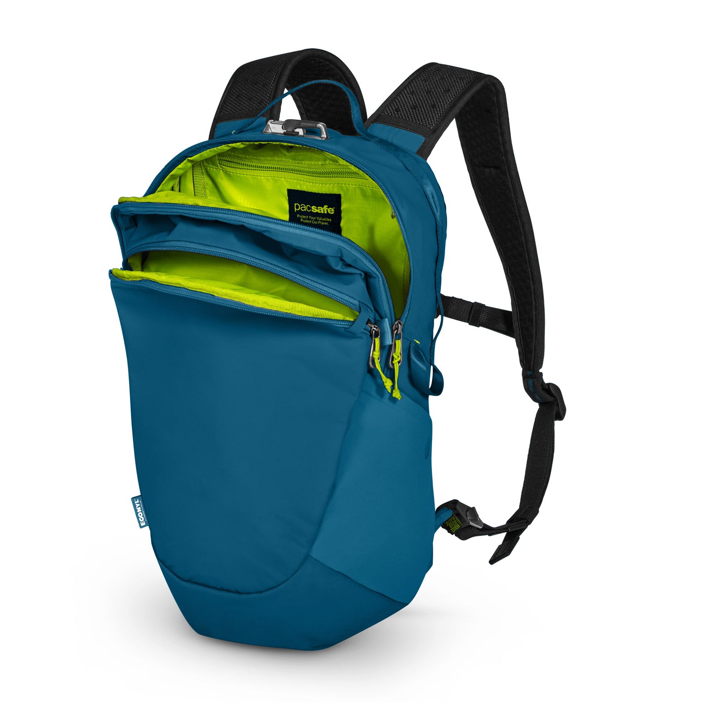 Pacsafe® ECO 18L Anti-theft Backpack: blue with black straps, lime green interior, made from recycled materials.