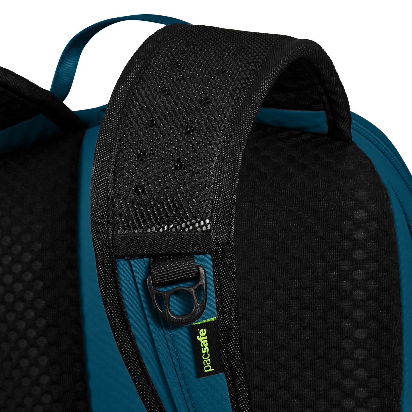 Close-up of the Pacsafe® ECO 18L Anti-theft Backpack strap, featuring breathable mesh and ECONYL® regenerated nylon.