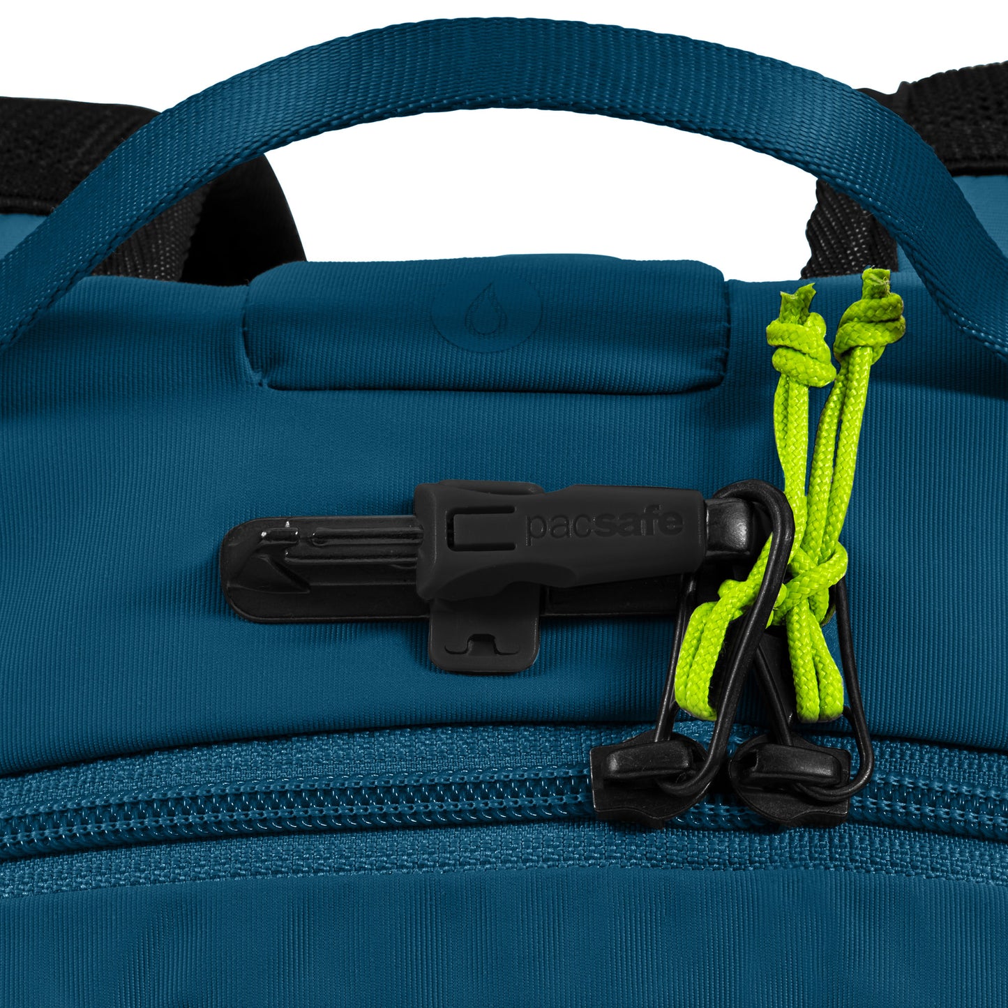 Pacsafe® ECO 18L Anti-theft Backpack made with ECONYL®, featuring a black clip and neon green zippers.