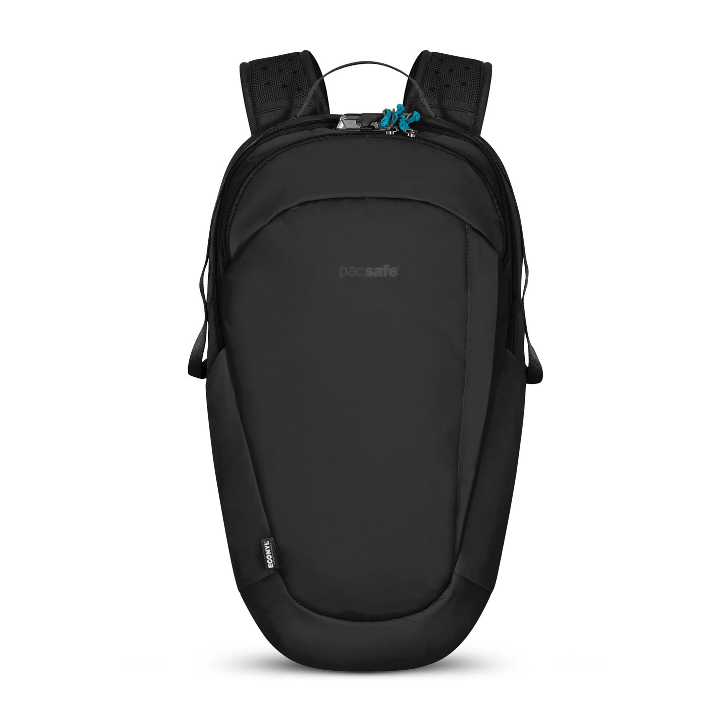 The Pacsafe® ECO 25L Anti-theft Backpack is sleek, black, sustainable with ergonomic straps and a top zipper.