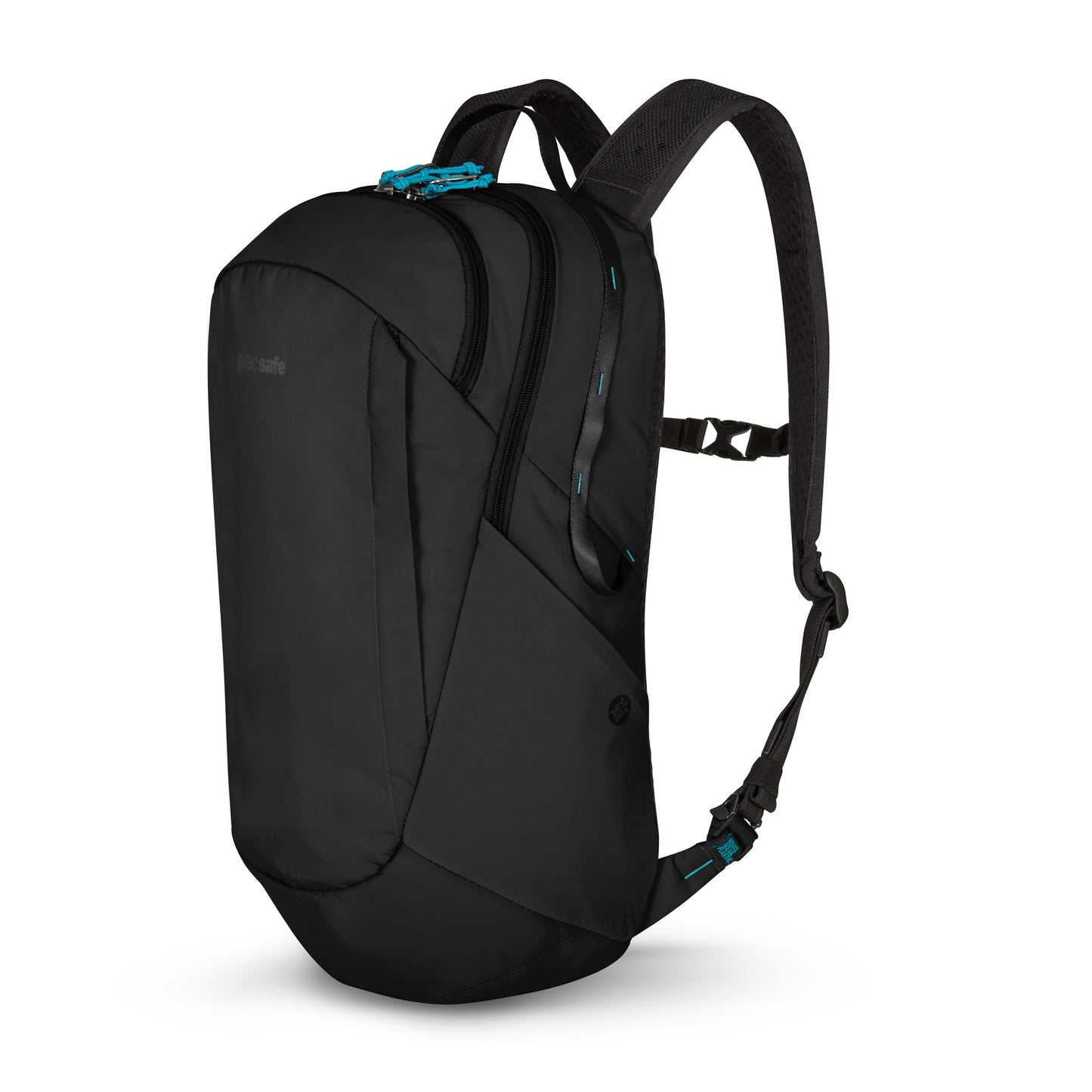 Pacsafe® ECO 25L Anti-theft Backpack: sustainable, ergonomic, teal zippers, multiple compartments, padded straps.