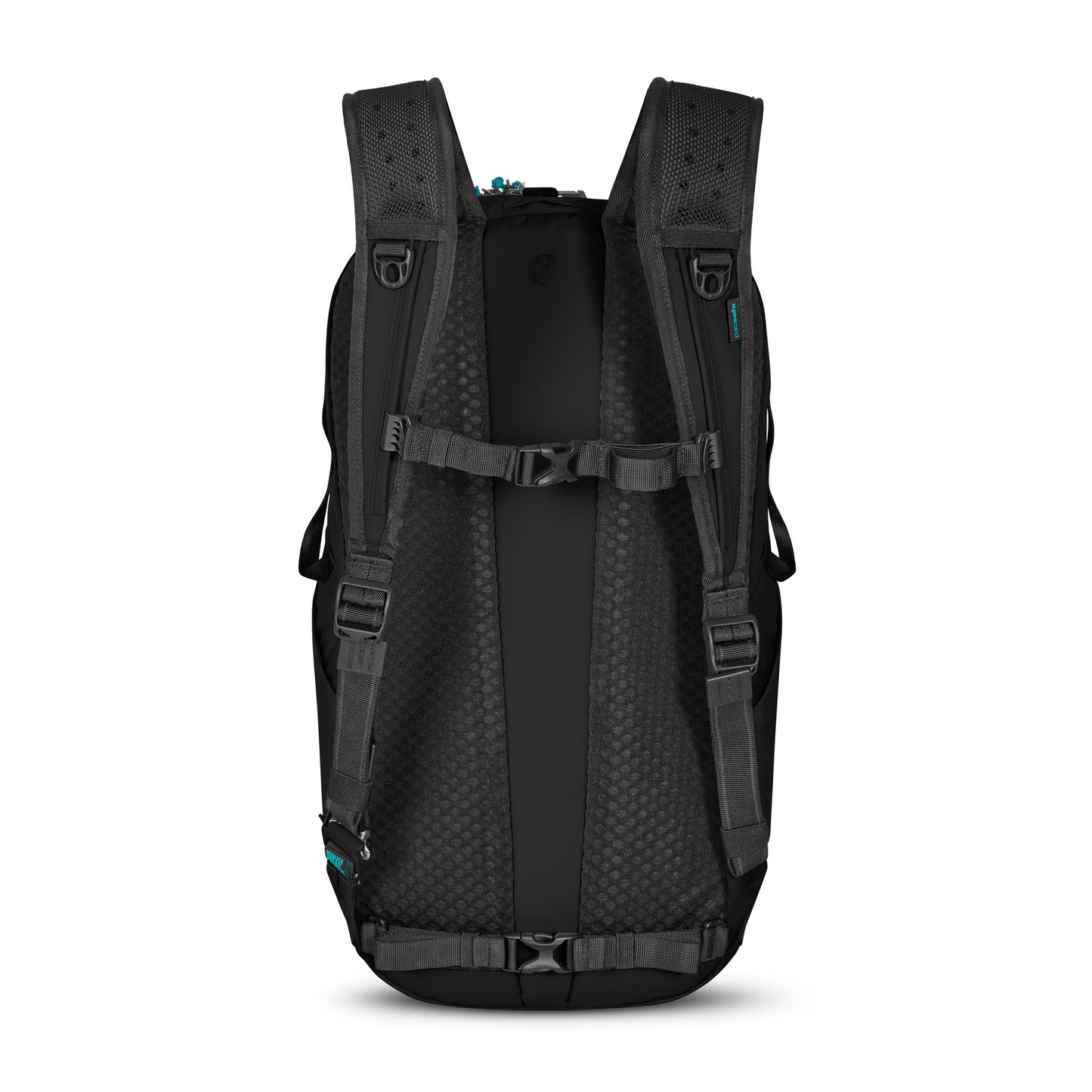 Pacsafe® ECO 25L Anti-theft Backpack with adjustable straps, chest buckle, and ergonomic design, facing backwards.