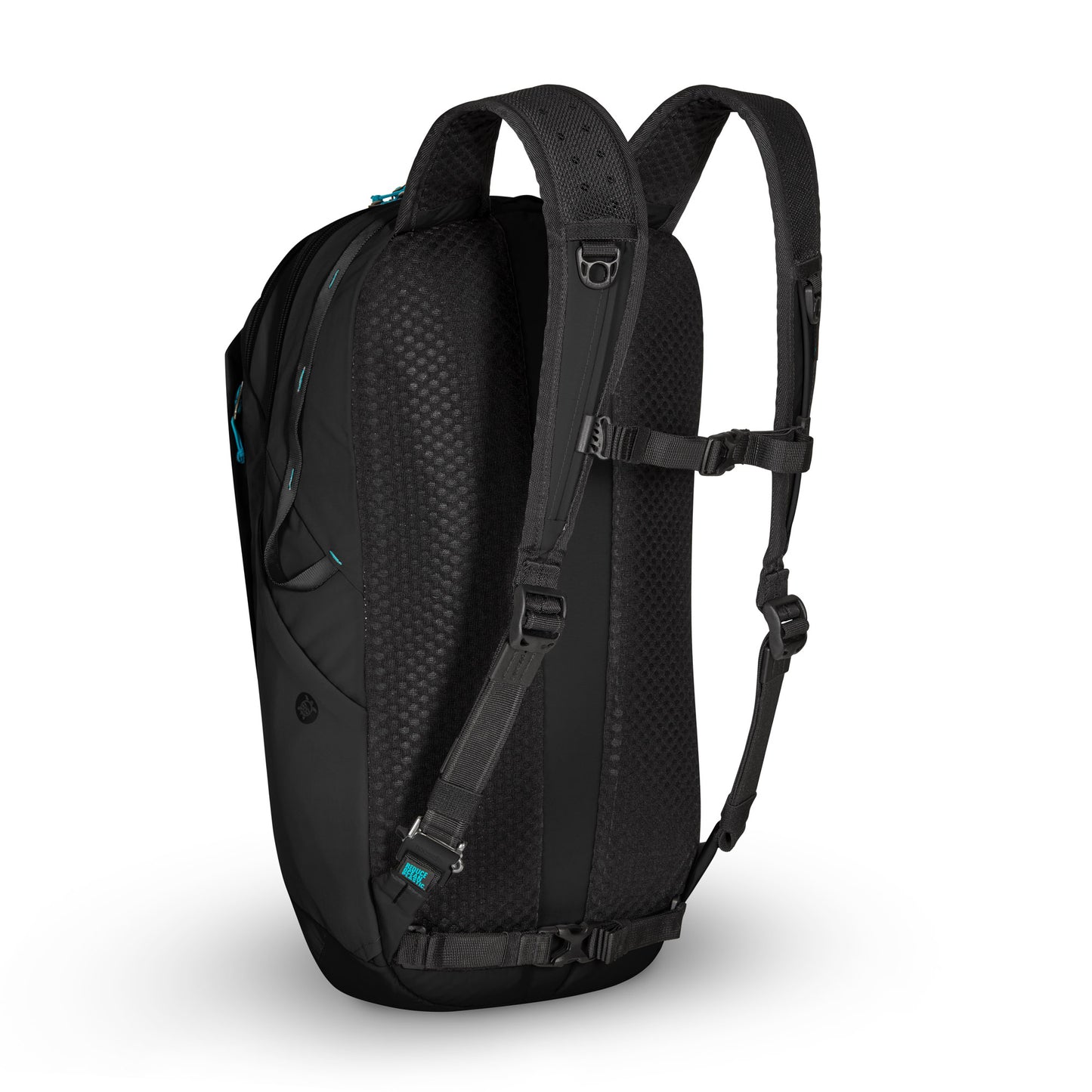 Rear view of Pacsafe® ECO 25L Backpack: ergonomic, padded shoulders, chest strap, textured back panel.