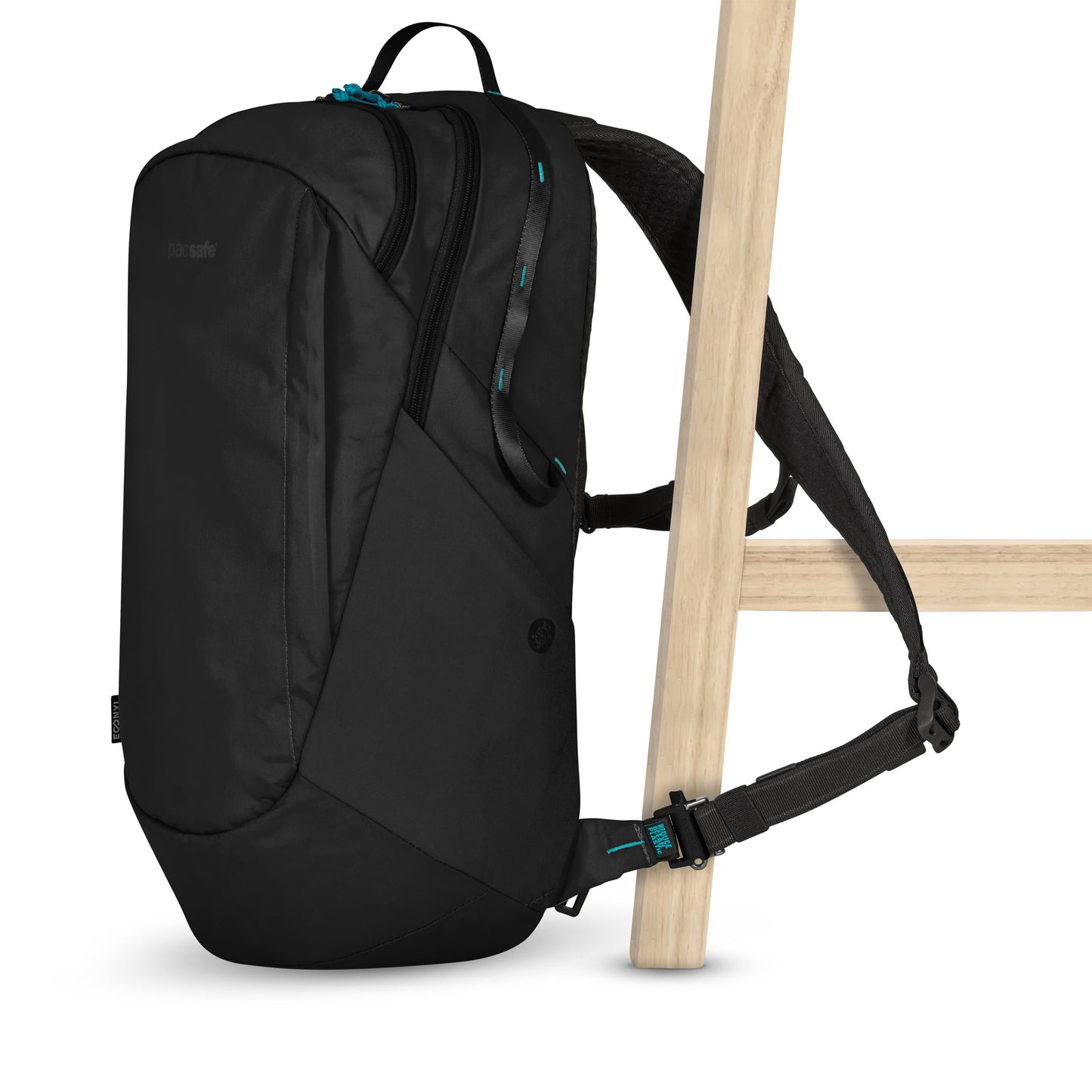 Pacsafe® ECO 25L Anti-theft Backpack with ergonomic design secured to chair on white background.