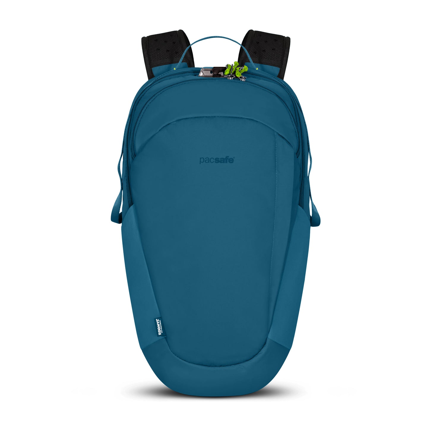 Teal Pacsafe® ECO 25L Backpack: sustainable, ergonomic, black straps, top handle, small front logo.