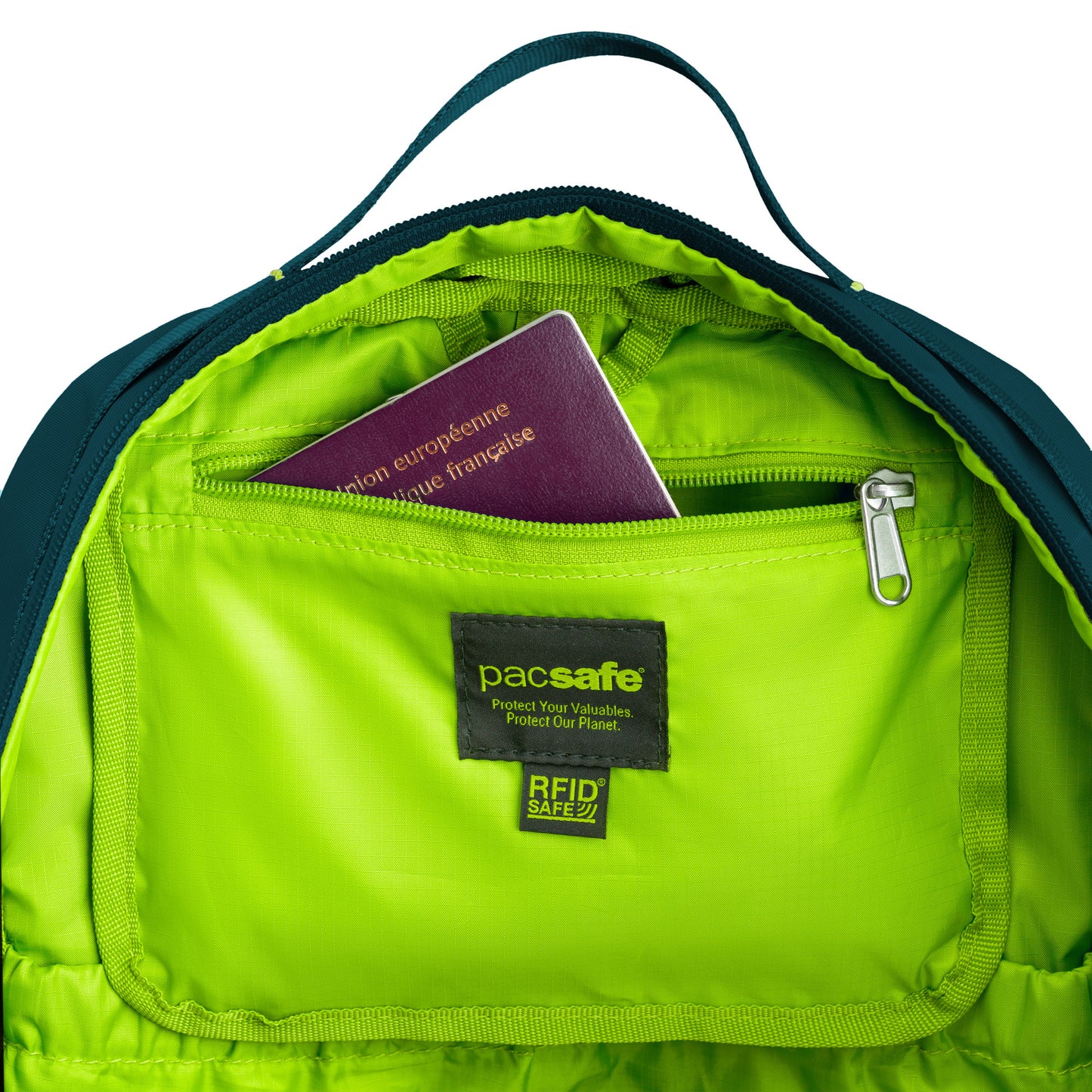 Open view of teal Pacsafe® ECO 25L Anti-theft Backpack to show lime green interior lining and RFID zippered pocket.