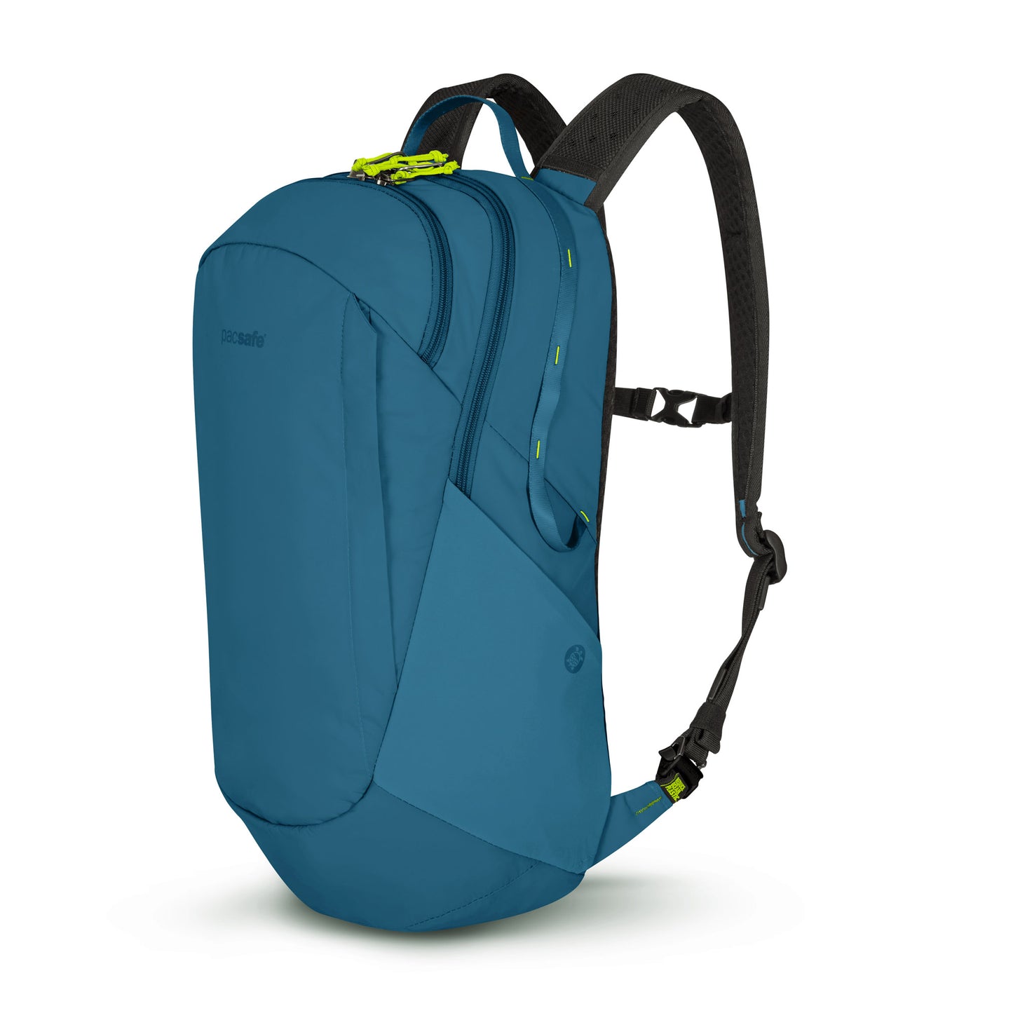 Pacsafe® ECO 25L Anti-theft Backpack: Teal, black straps, ergonomic design, side pocket, green zippers.