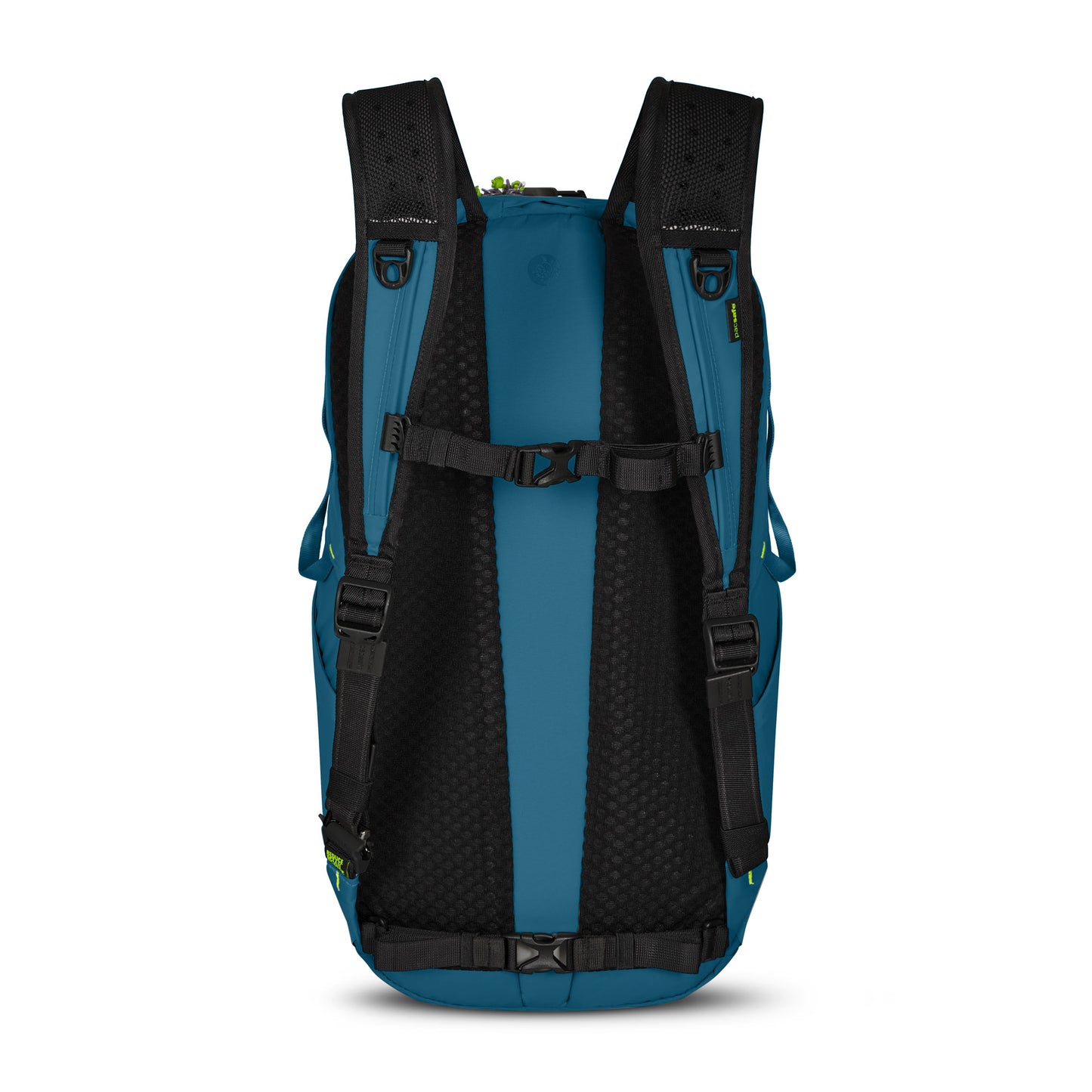 Pacsafe® ECO 25L Anti-theft Backpack with shoulder straps and chest buckle, shown in ergonomic teal and black.