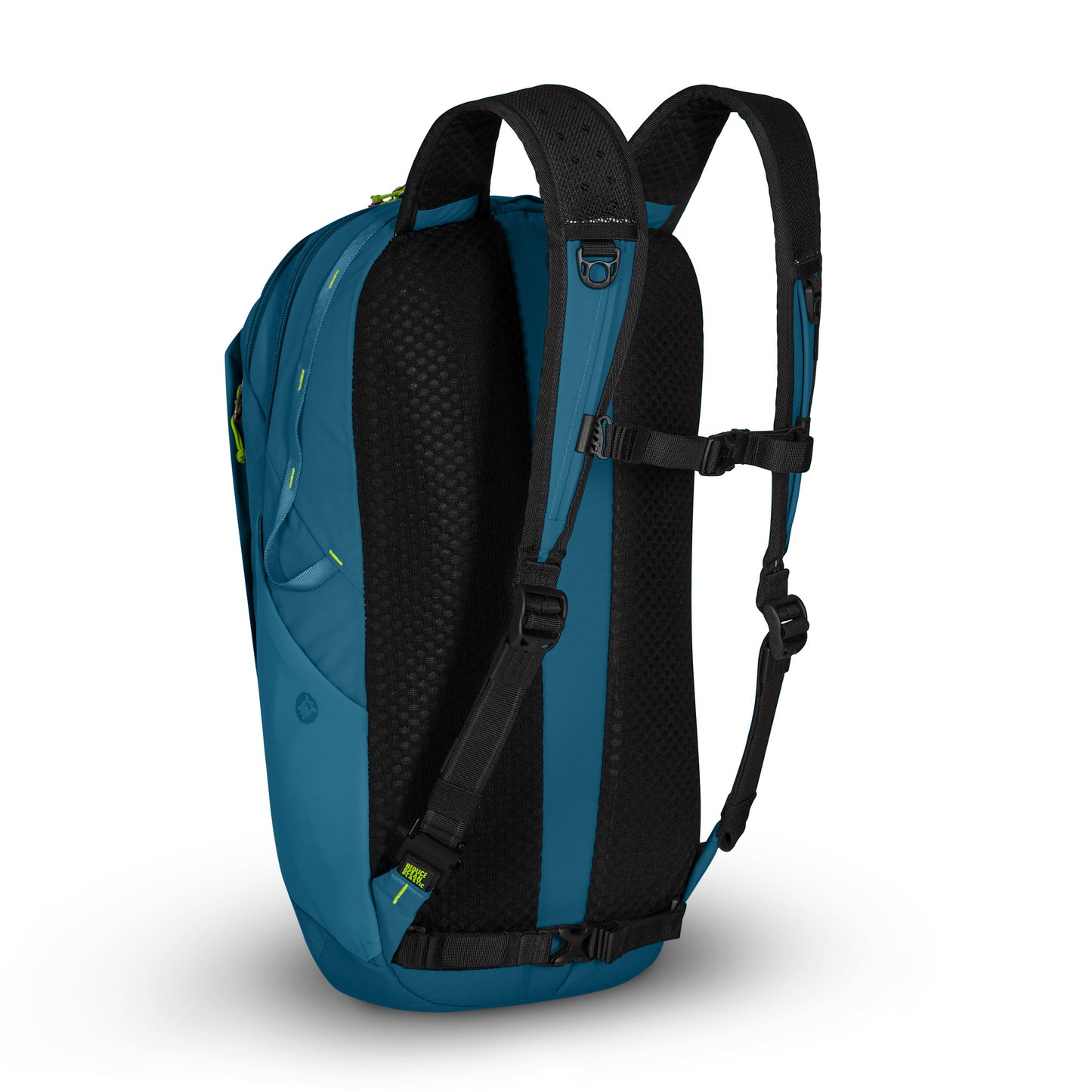 The Pacsafe® ECO 25L, a teal anti-theft backpack with black padded straps and chest buckle, shown from the back.