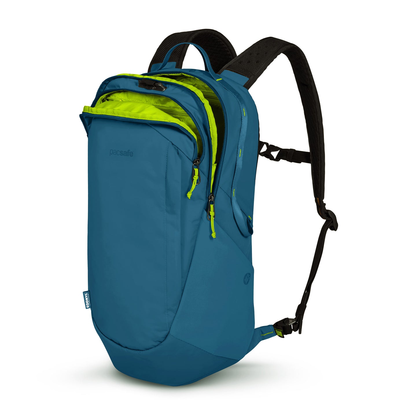 Pacsafe® ECO 25L Anti-theft Backpack: sustainable, recycled materials in teal/green with zippers & adjustable black straps.