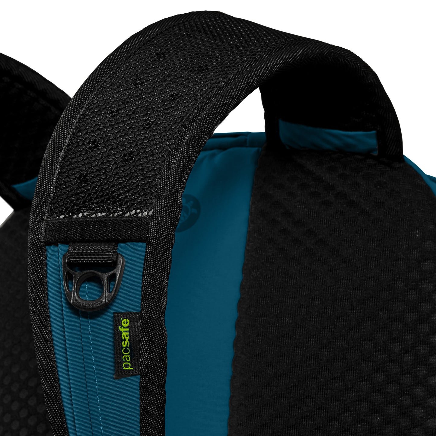 Close-up of Pacsafe ECO 25L backpack's black and teal strap, featuring ergonomic mesh padding and green "pacsafe" label.