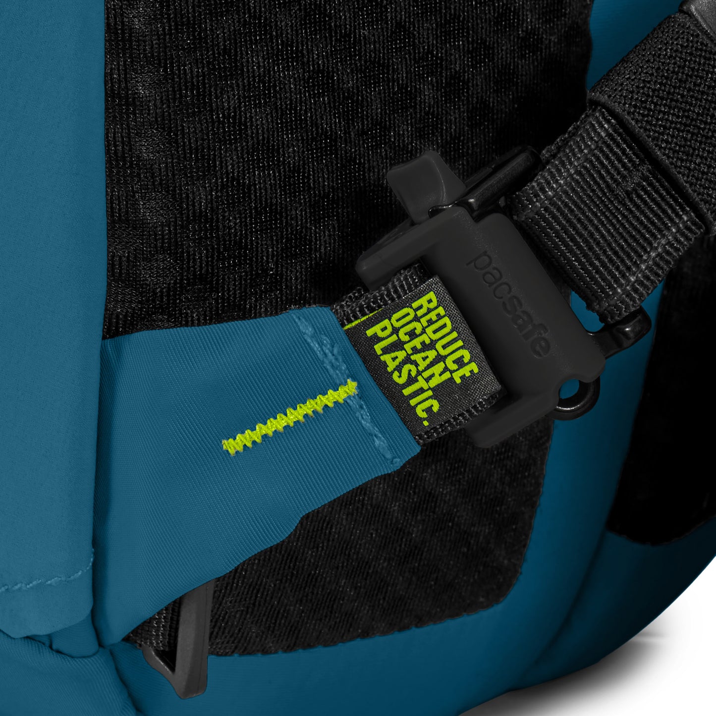 Close up of strap on teal Pacsafe® ECO 25L Anti-theft Backpack