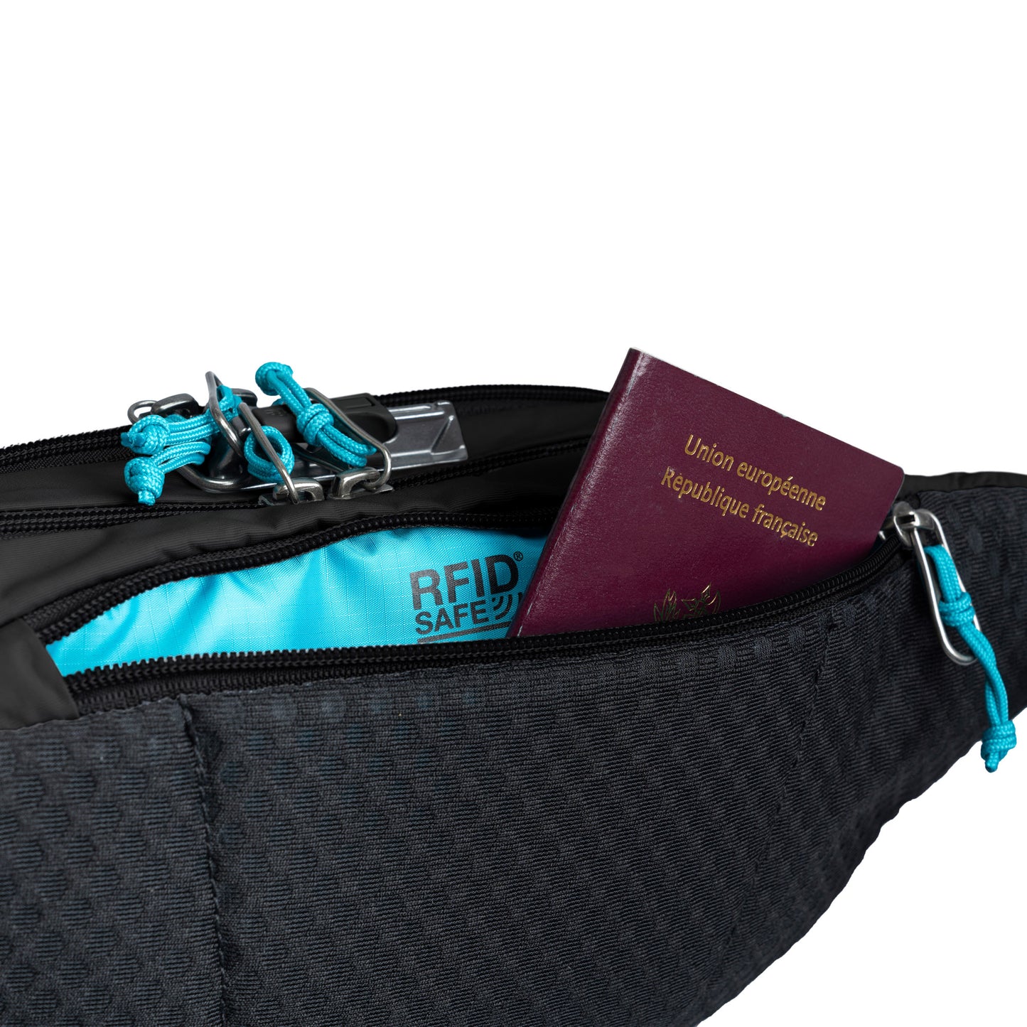 Pacsafe® ECO Anti-Theft Waist Pack in black with blue zippers, labeled RFID safe, made from ECONYL regenerated nylon.