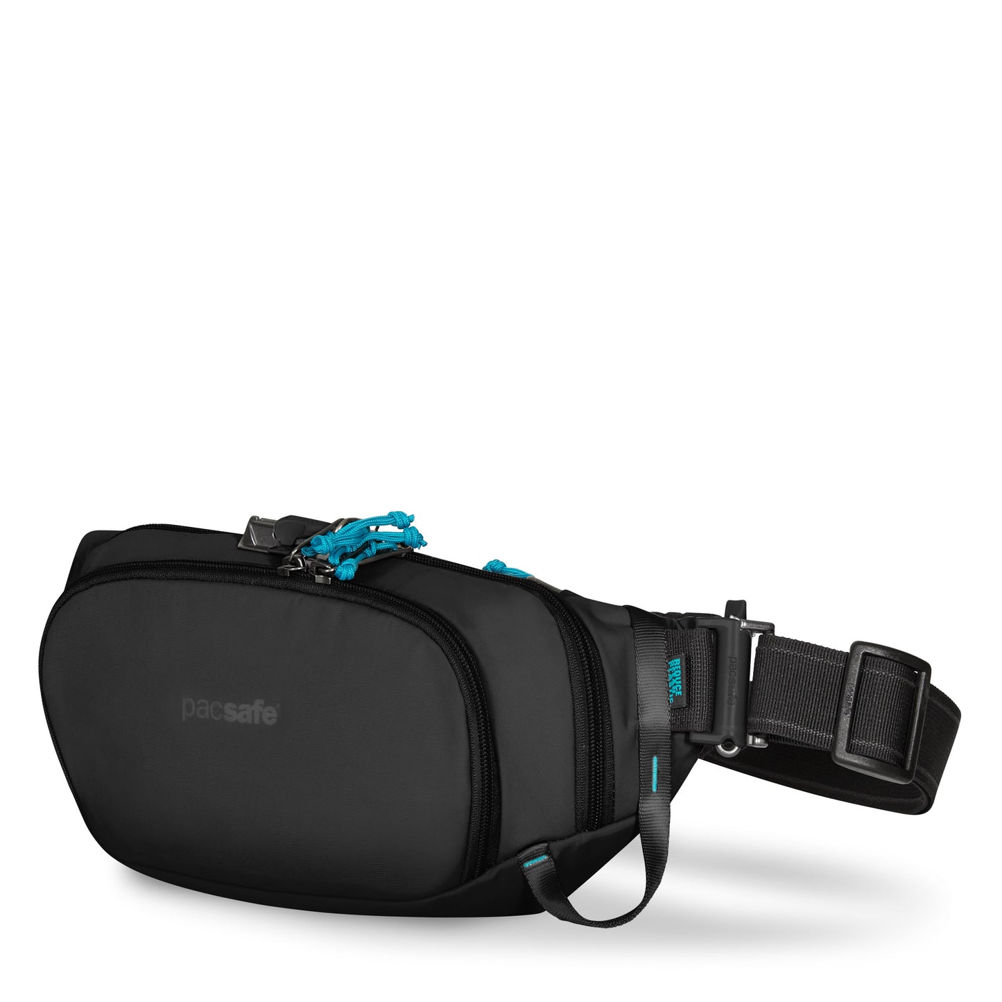 Pacsafe ECO Anti-Theft Waist Pack by Pacsafe: Black with turquoise zippers, made from ECONYL for secure daily use.