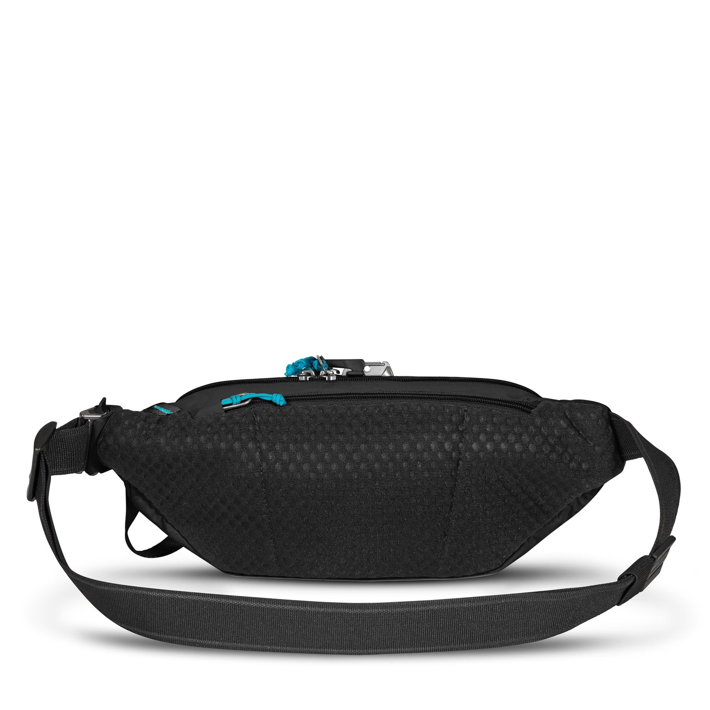 The Pacsafe® ECO Waist Pack features ECONYL nylon, an adjustable strap, and turquoise zippers in black.