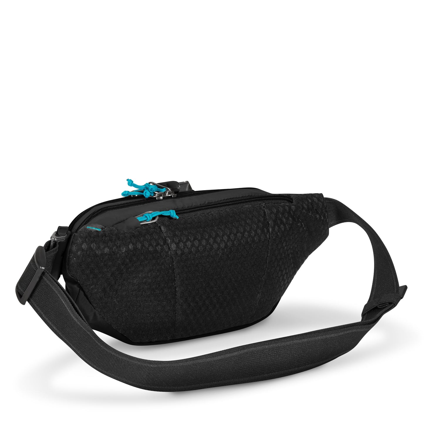 Pacsafe® ECO Anti-Theft Waist Pack in black with adjustable strap, blue zippers, made from ECONYL regenerated nylon.