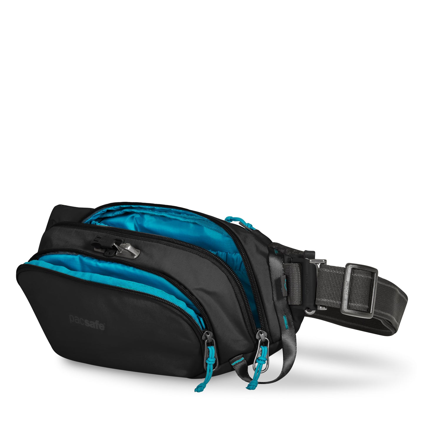 Pacsafe ECO Anti-Theft Waist Pack in black and teal interior, made from ECONYL, features multiple zippers and an adjustable strap.