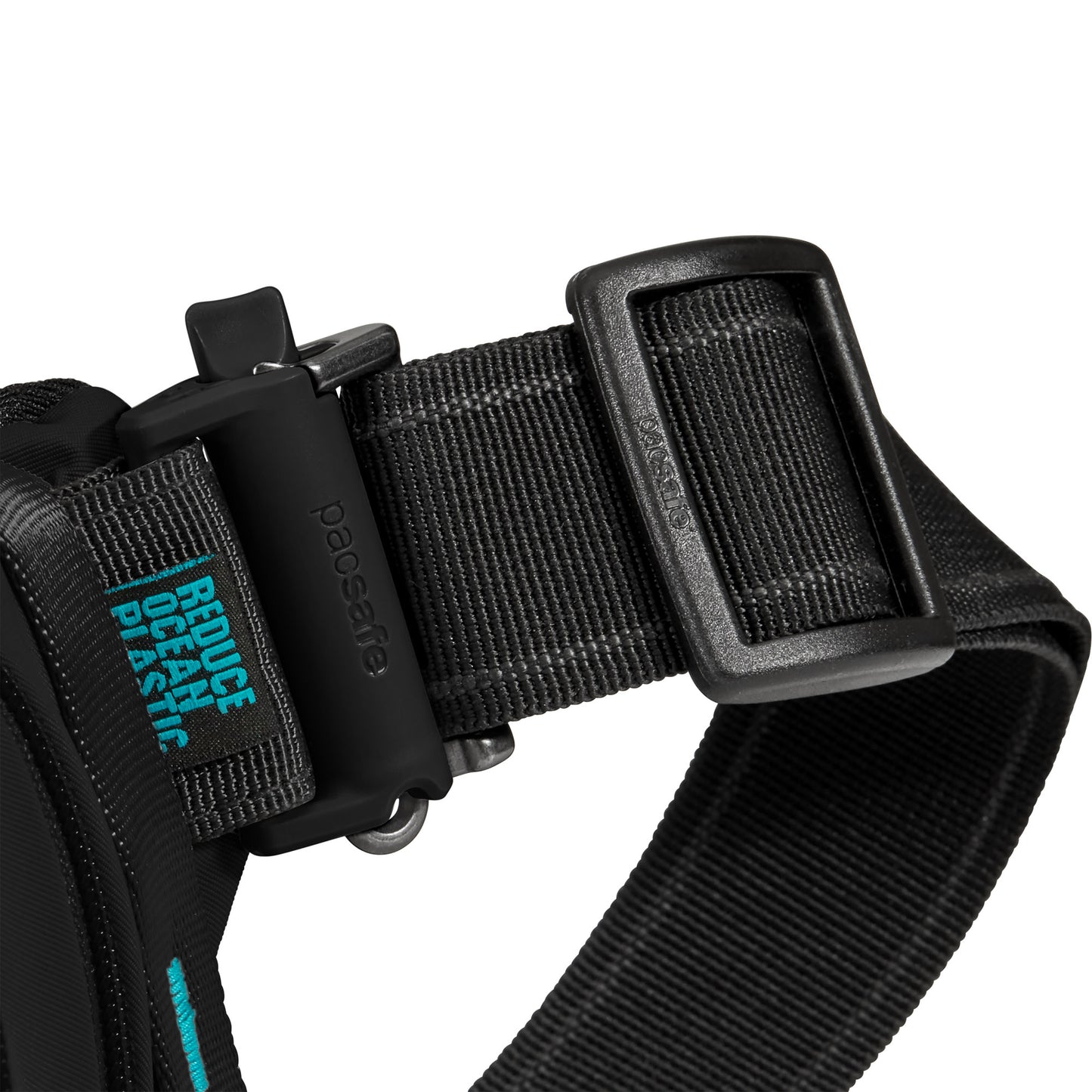 Close-up of a black buckle and strap on the Pacsafe® ECO Anti-Theft Waist Pack, made with ECONYL
