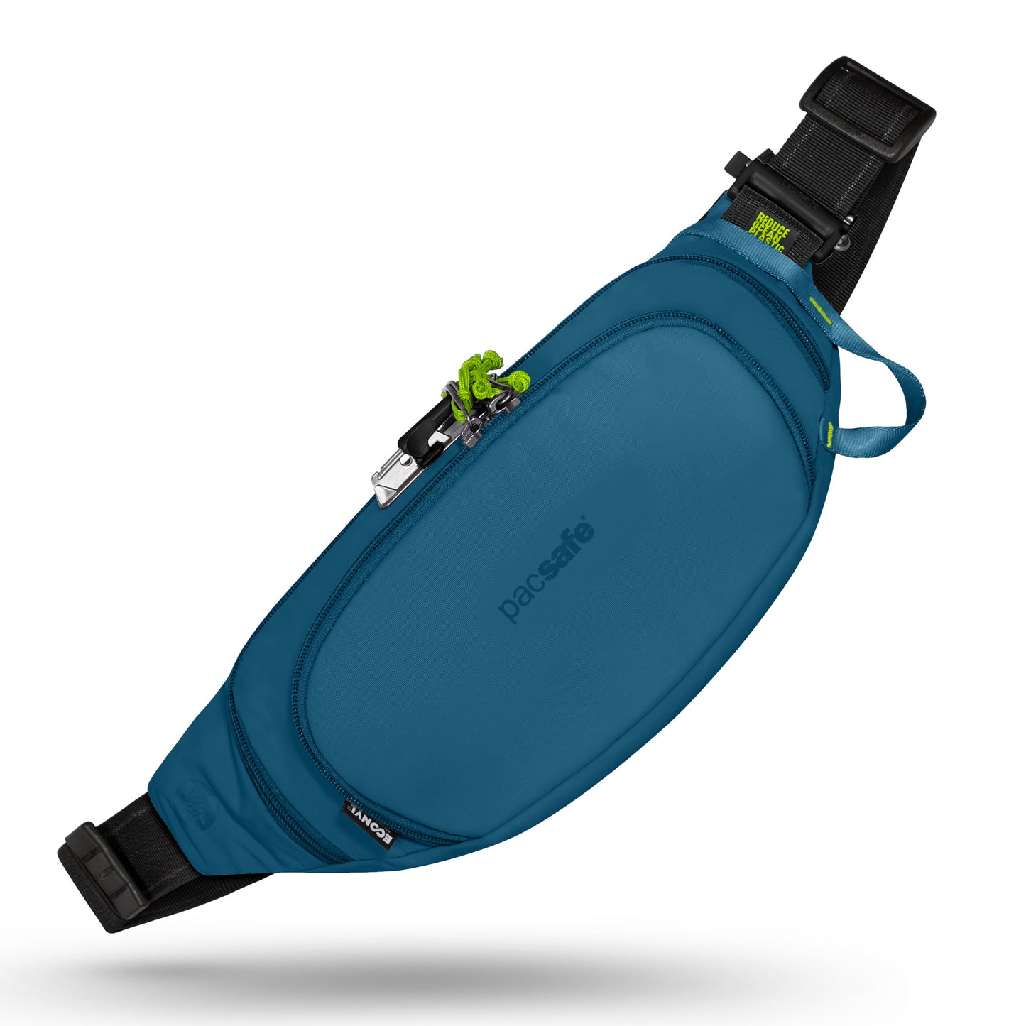 Sustainable Pacsafe® ECO Anti-Theft Waist Pack: teal with black strap & green pulls.