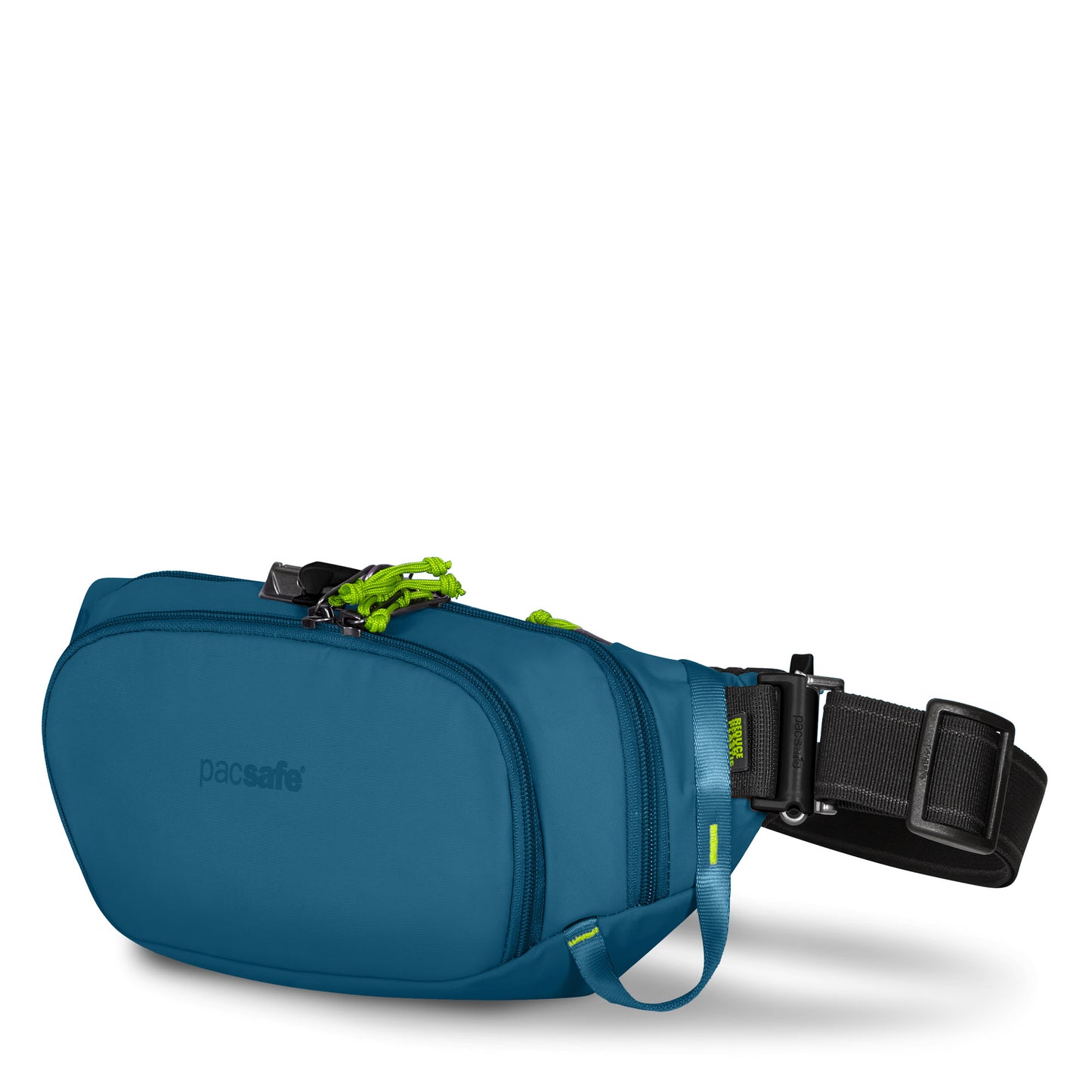 Pacsafe ECO Anti-Theft Waist Pack: Teal with black strap, green zipper pull, and made from ECONYL regenerated nylon.