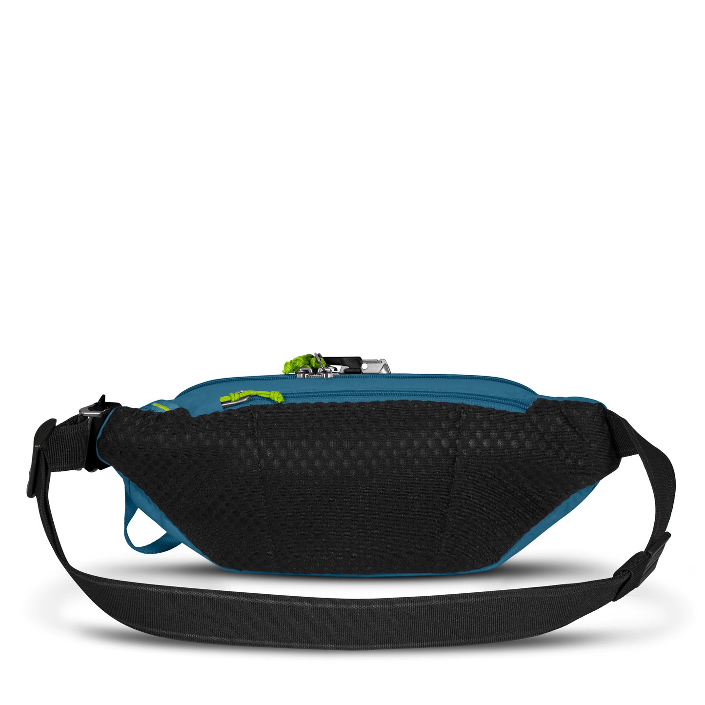 Back view of teal Pacsafe® ECO Anti-Theft Waist Pack by Pacsafe with black ECONYL nylon textured surface & adjustable strap.