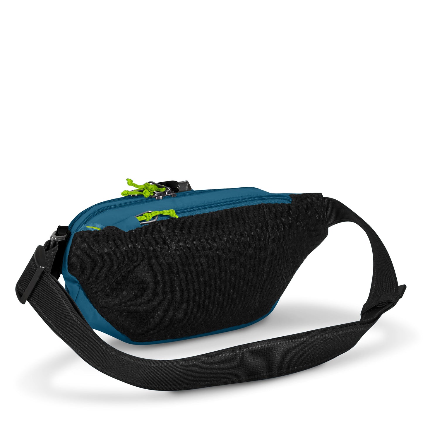 Pacsafe® ECO Anti-Theft Waist Pack in teal with black back and strap with green zippers, recycled materials, and an adjustable strap.