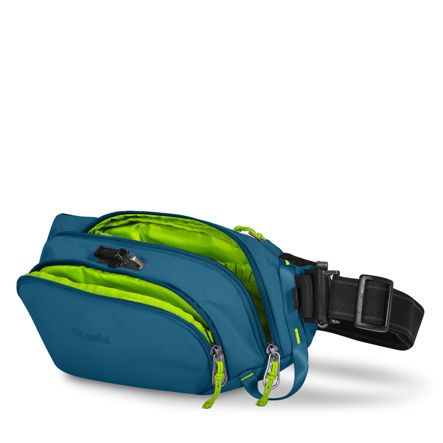 Pacsafe® ECO Anti-Theft Waist Pack in teal with neon green lining, multiple compartments, adjustable black strap.