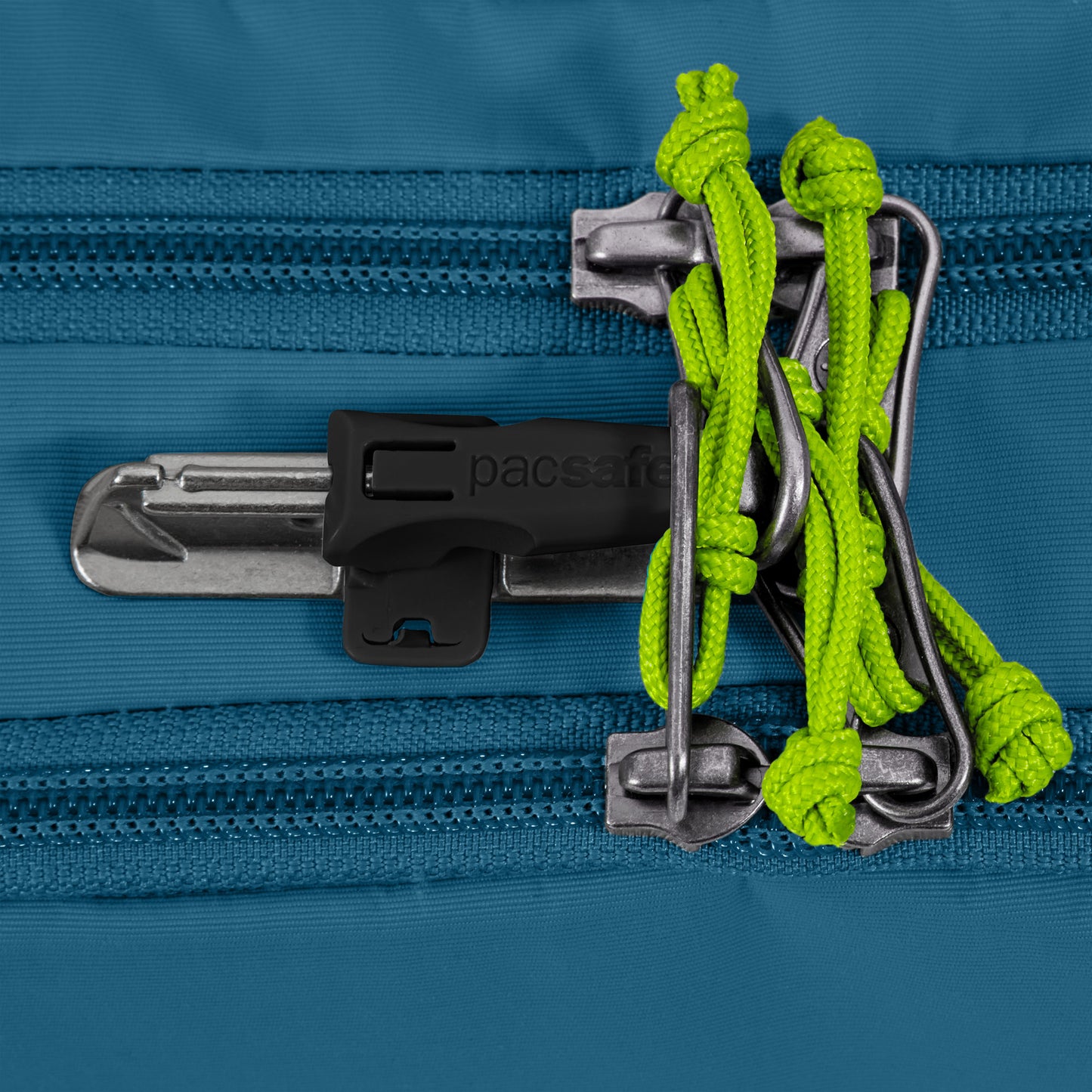 Close-up of the tidal teal Pacsafe® ECO Anti-Theft Waist Pack with recycled material, double zippers, and green cords.