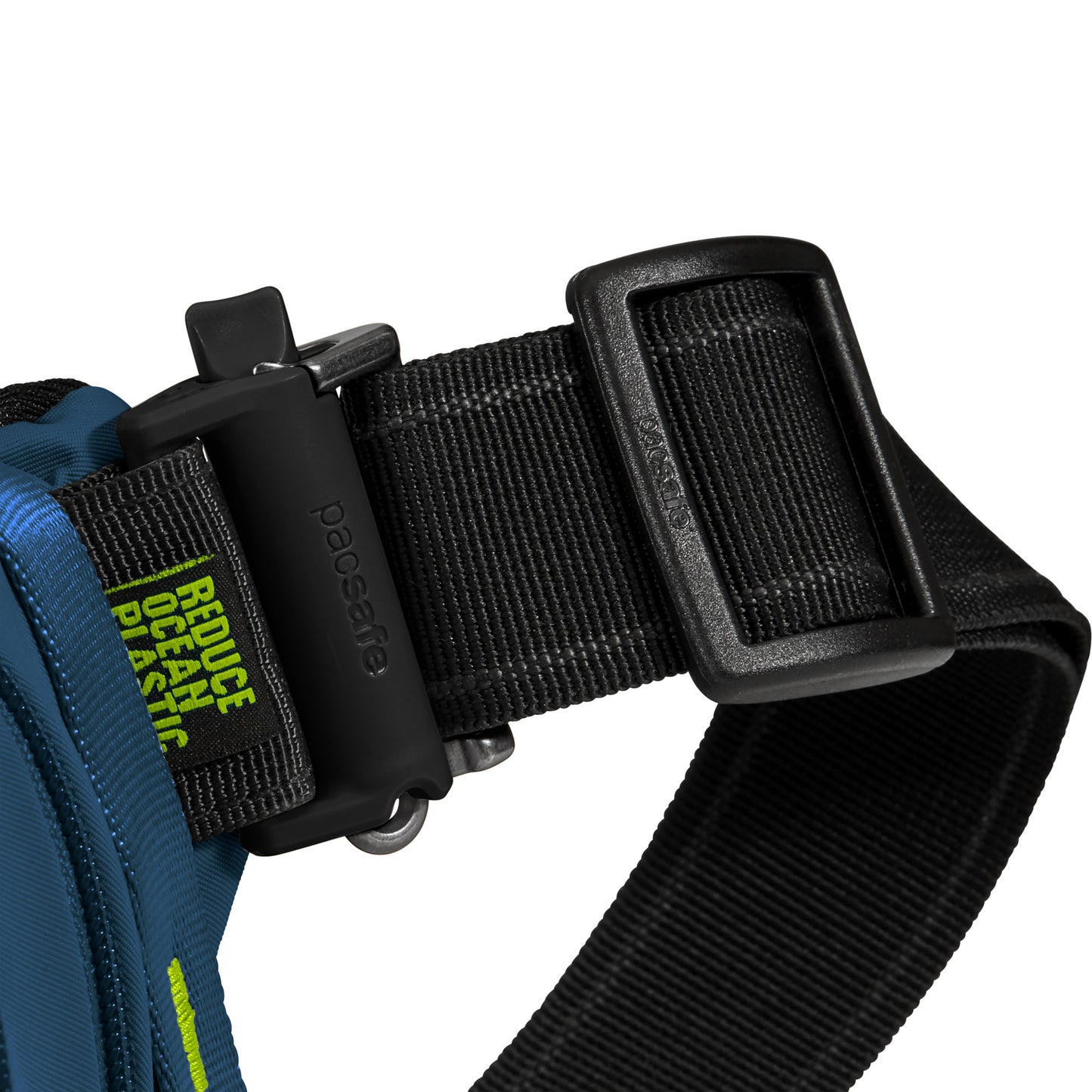 Close-up of a black buckle on Pacsafe® ECO Anti-Theft Waist Pack in teal, made from ECONYL regenerated nylon.