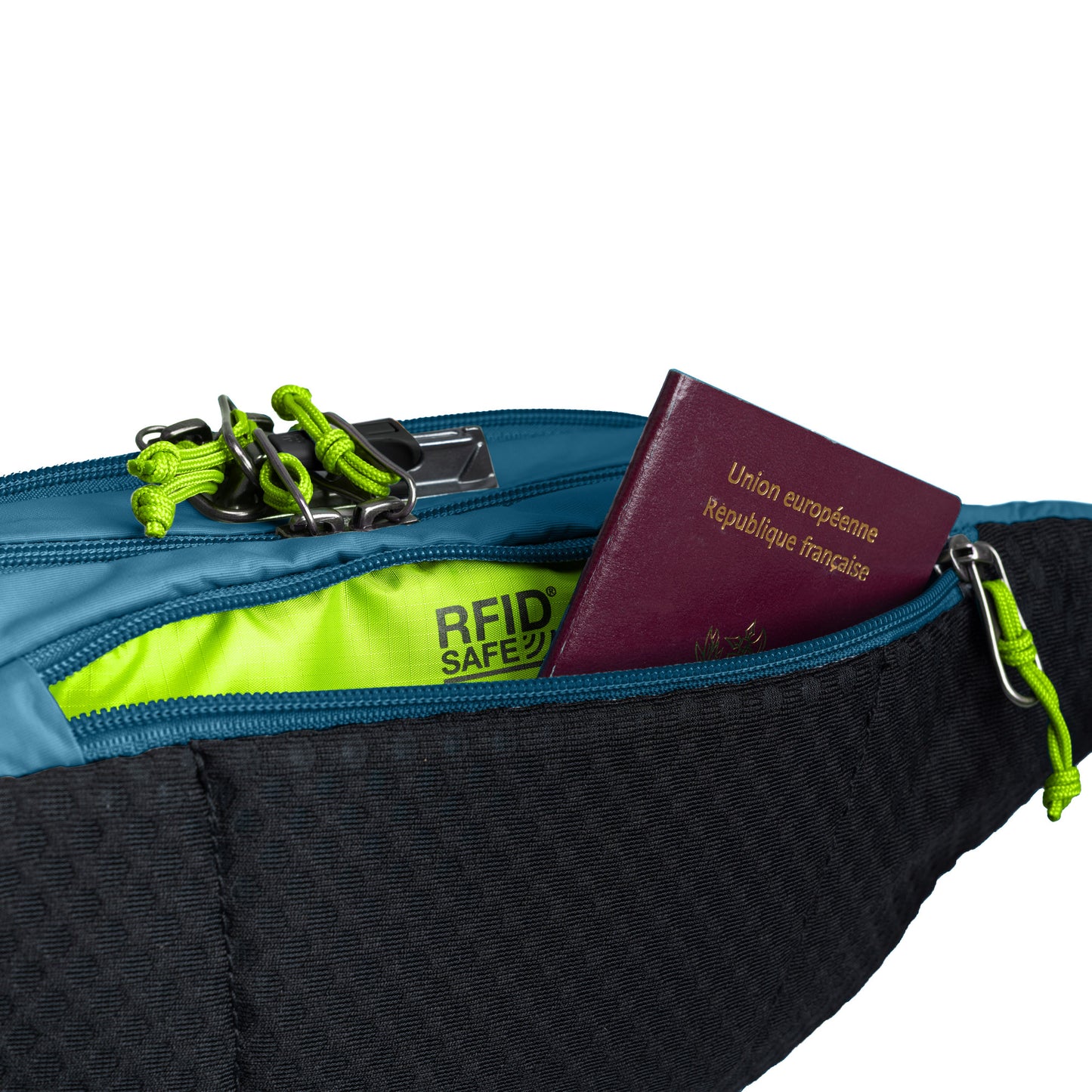 The Pacsafe® ECO Anti-Theft Waist Pack, in teal and black ECONYL nylon, unzips to hold a passport.
