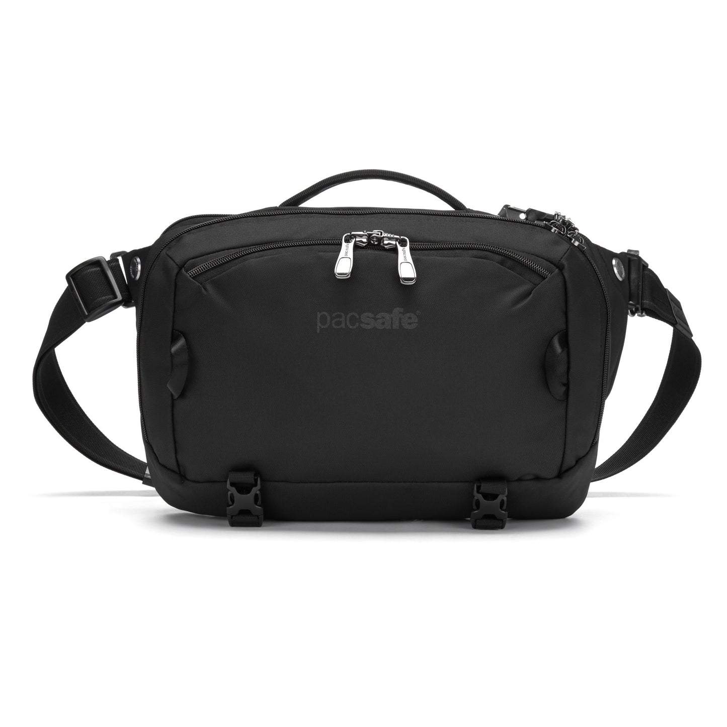 Pacsafe® EXP 12 Anti-theft Sling Crossbody in black with dual zippers & straps against a white background.
