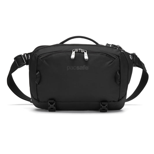 Product Image – Pacsafe® EXP 12 Anti-theft Sling Crossbody in black with dual zippers & straps against a white background.