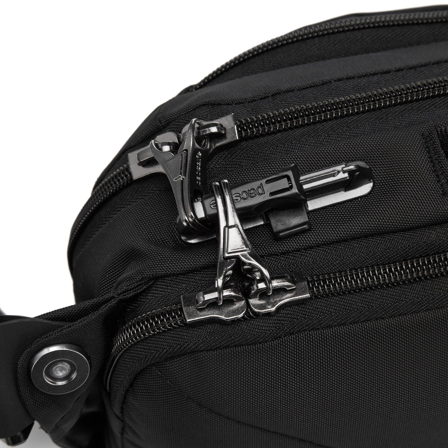 Close-up of Pacsafe® EXP 12 Anti-theft Sling Crossbody featuring locked zippers and metal combination padlock.