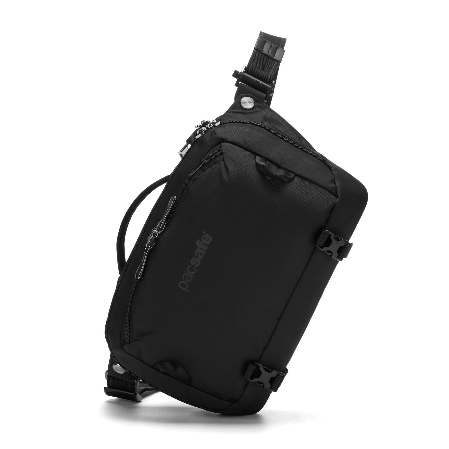Pacsafe® EXP 12 Anti-theft Sling Crossbody in black with zippers, adjustable strap, brand logo, made of recycled polyester.
