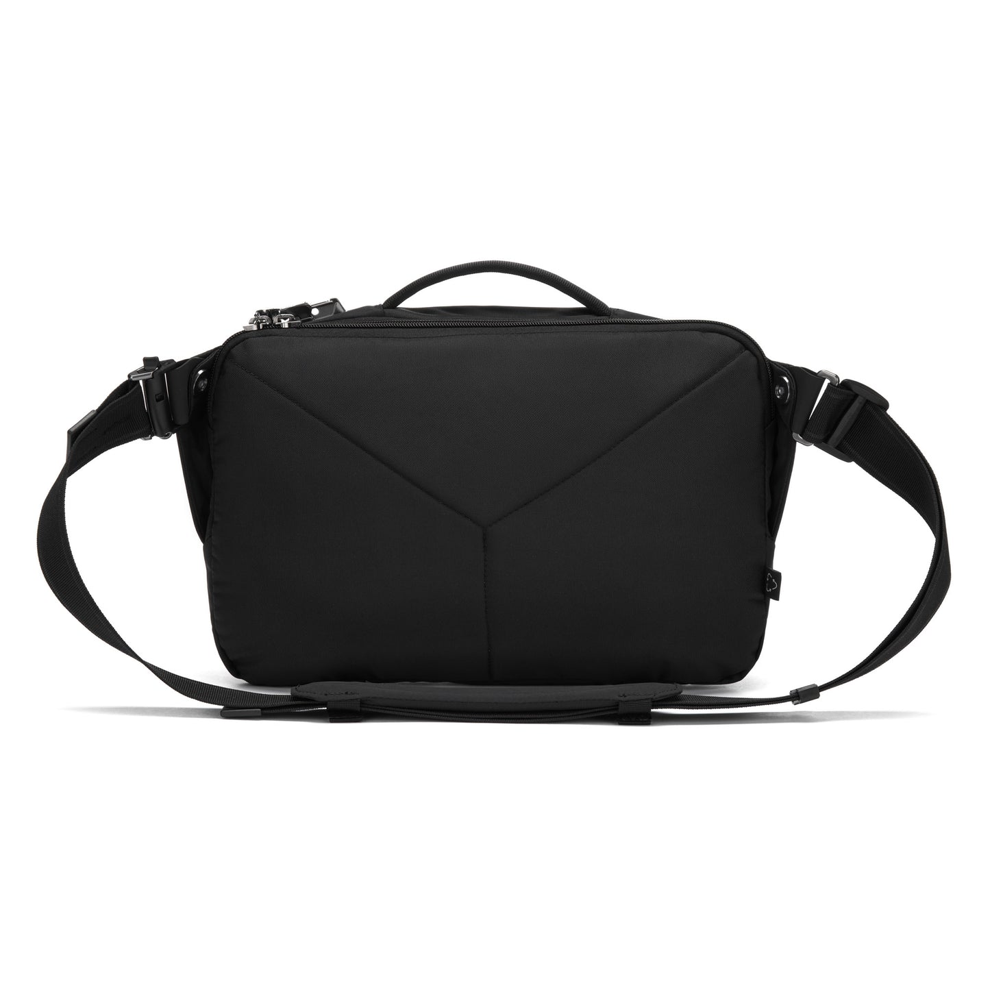 Back view of black Pacsafe® EXP 12 anti-theft crossbody bag with diagonal pattern, adjustable strap, made from recycled polyester.