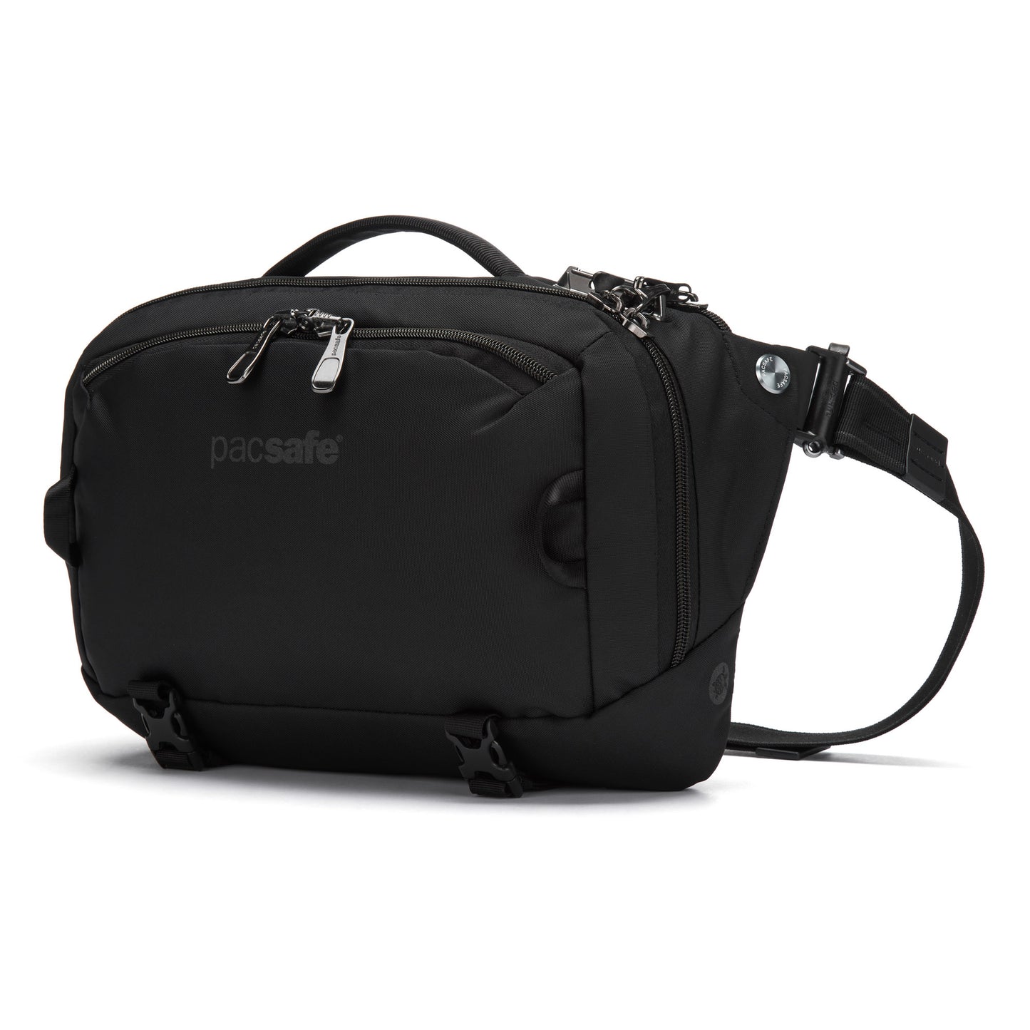 Pacsafe® EXP 12 Anti-theft Sling Crossbody, black, multiple zippers, top handle & adjustable strap.