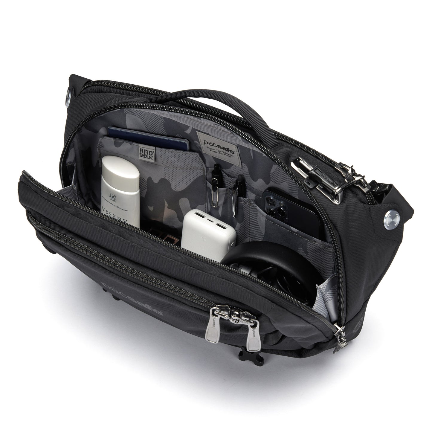 Pacsafe® EXP 12 Anti-theft Sling Crossbody has an organized interior for gadgets and a bottle, open zip design.