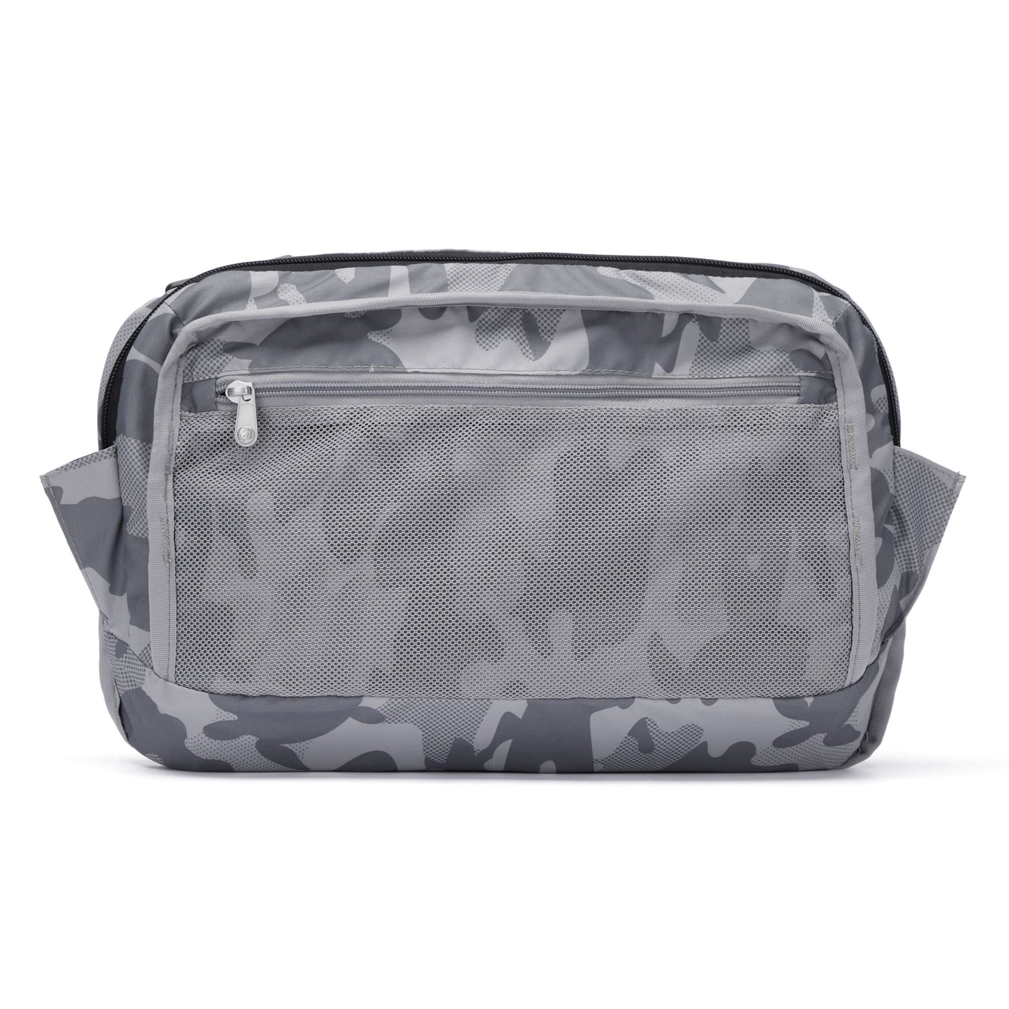 Interior of Pacsafe® EXP 12 Anti-theft Sling Crossbody: Gray camo, recycled polyester, anti-theft zip pocket.