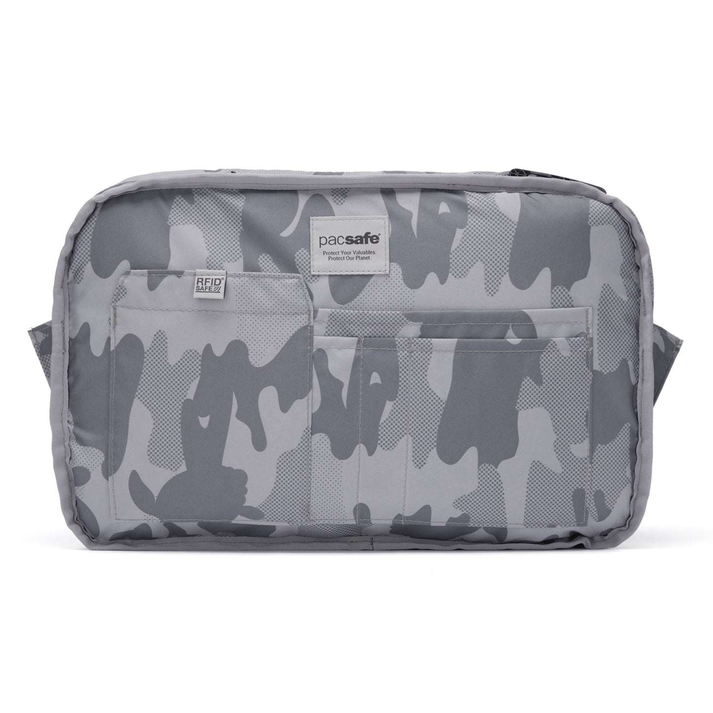 Inside of Pacsafe® EXP 12 pouch with camo lining and card pockets, made from recycled polyester.
