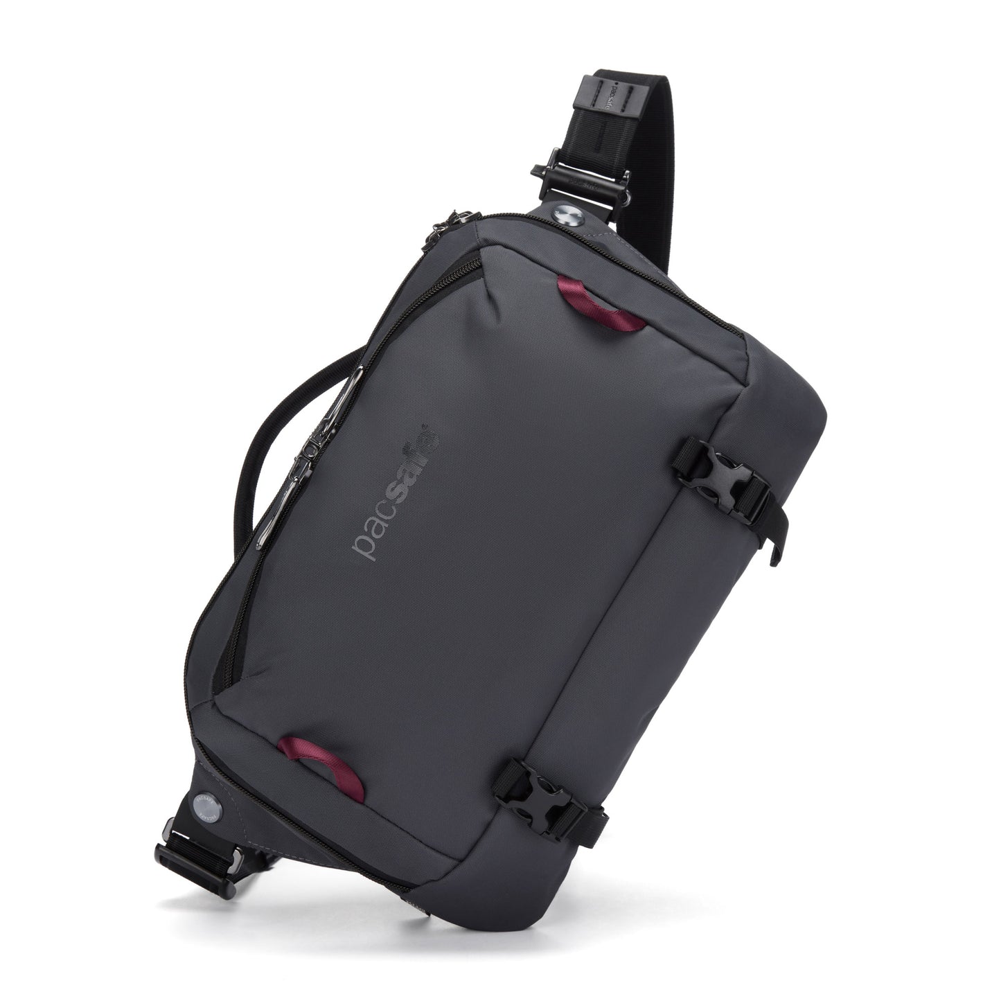 Pacsafe® EXP 12 Crossbody: a slate anti-theft sling bag with black straps, burgundy accents, shown on white background.