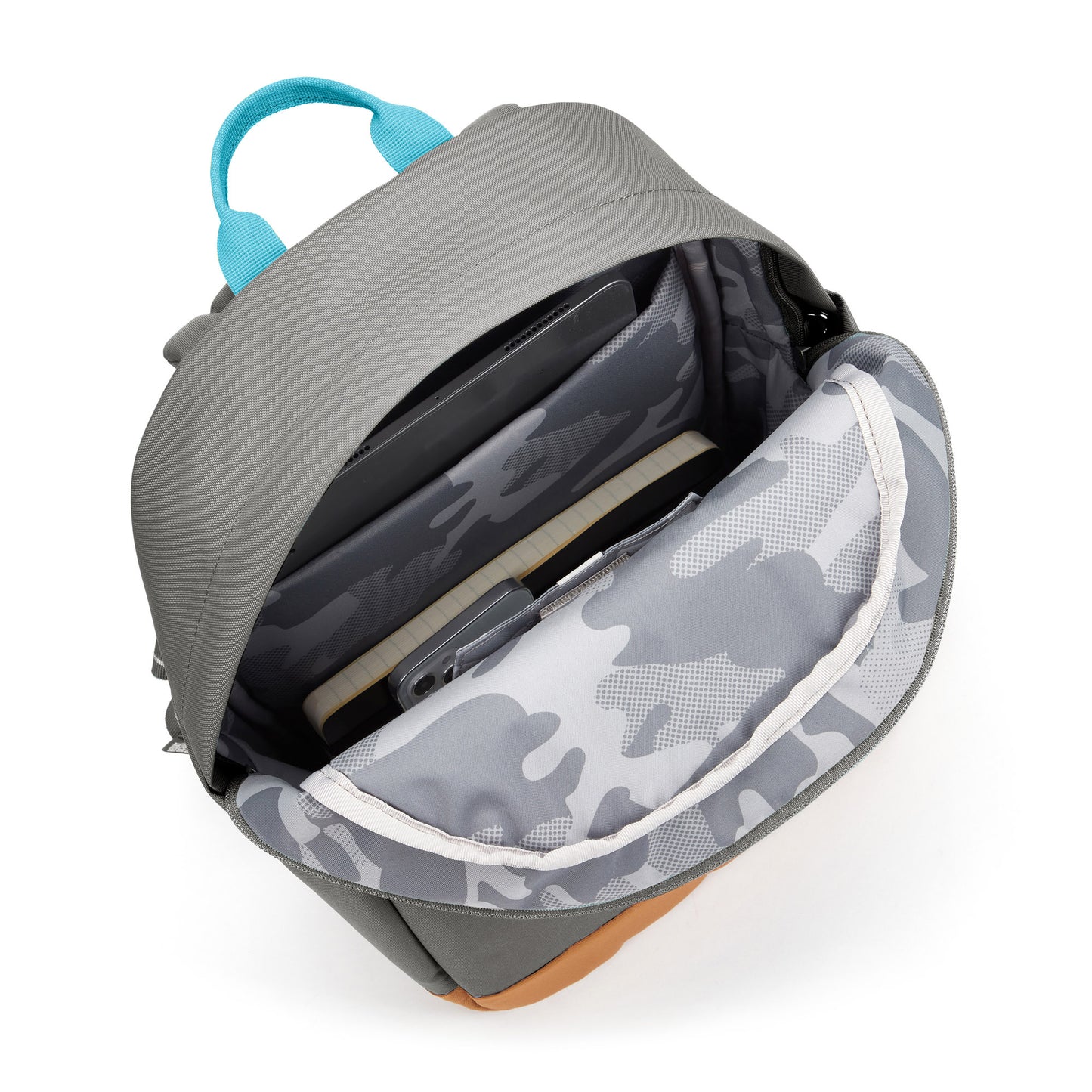 Pacsafe® Go 15L Anti-theft Backpack, stone with tan bottom gusset, top open view