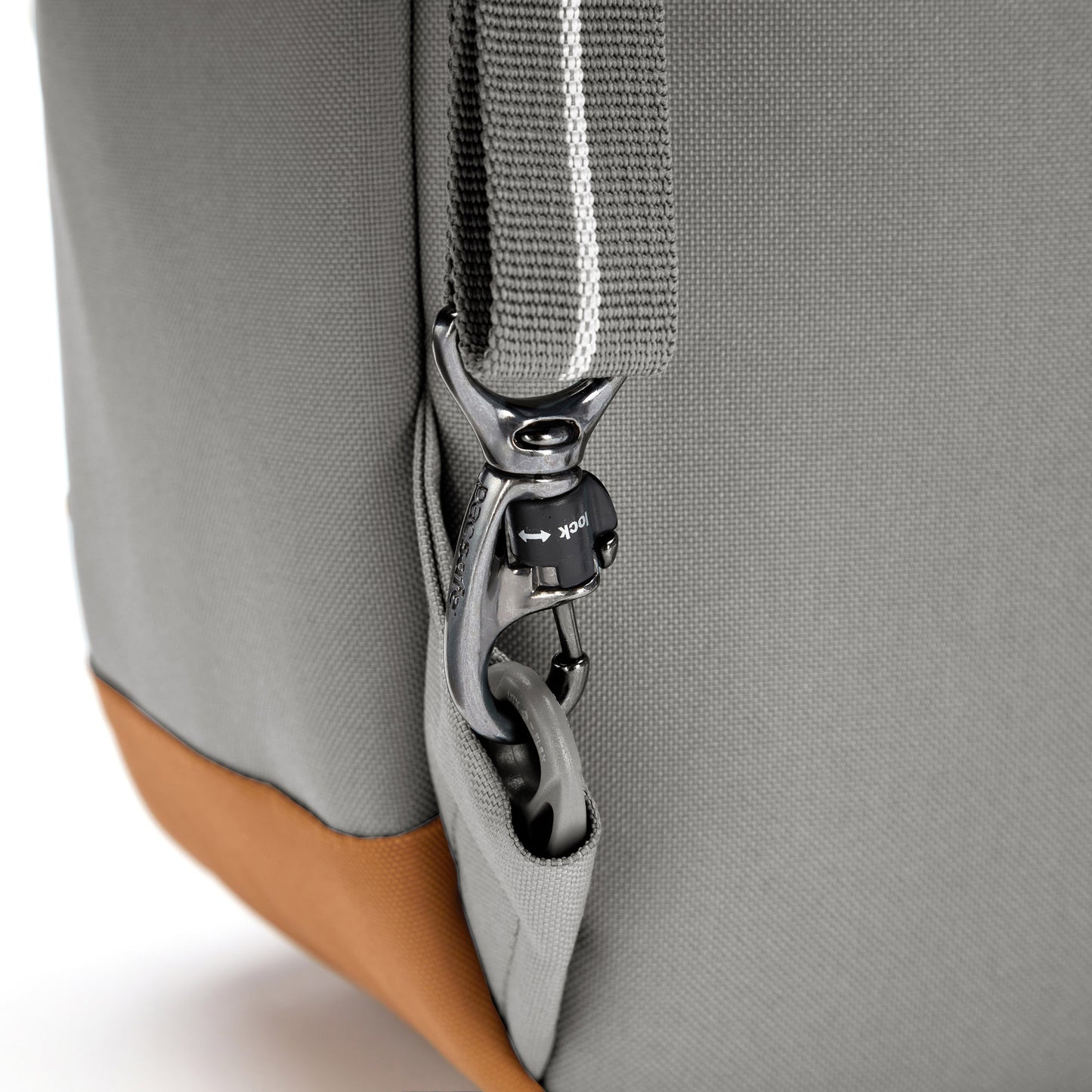 Close up of turn n lock clip on backpack strap