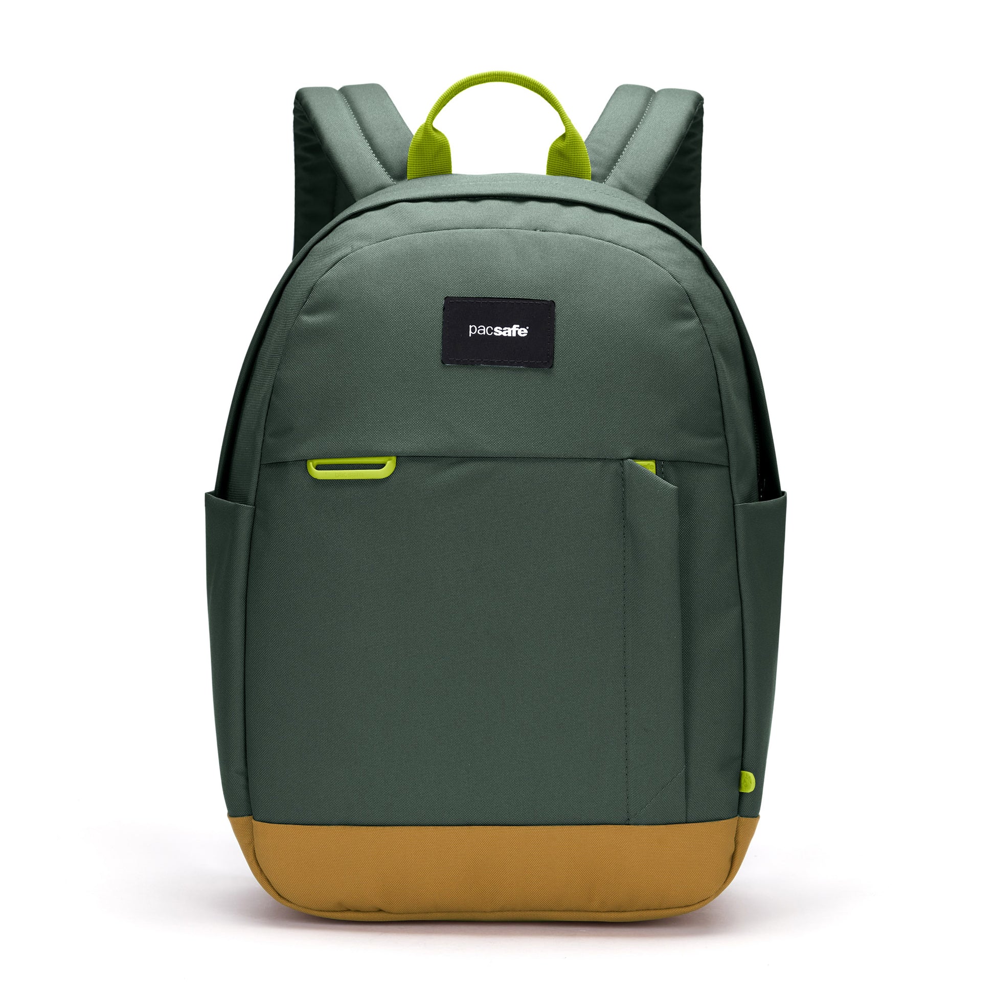 Pacsafe® Go 15L Anti-theft Backpack, spruce green with tan bottom gusset, front view
