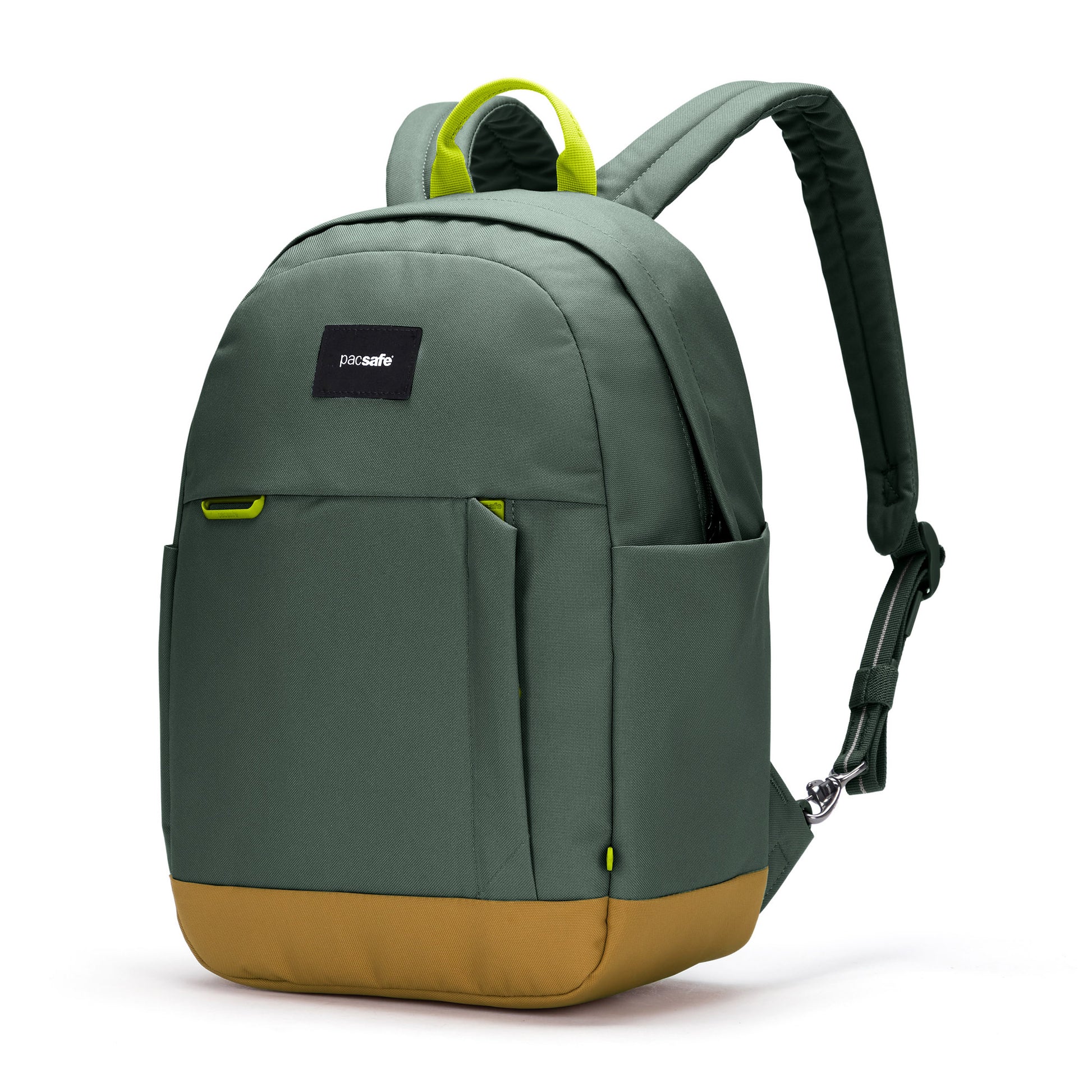 Pacsafe® Go 15L Anti-theft Backpack, spruce green with tan bottom gusset, front angled view