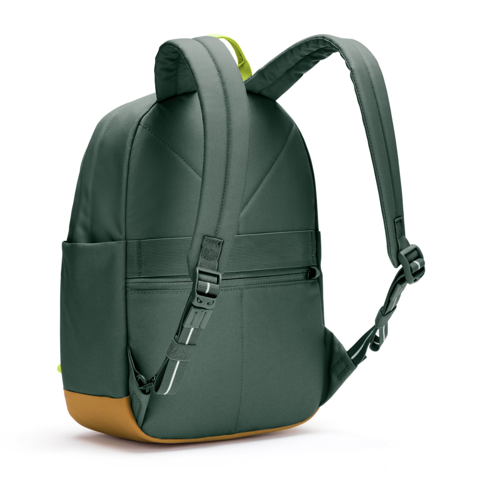 Pacsafe® Go 15L Anti-theft Backpack, spruce green with tan bottom gusset, back angled view