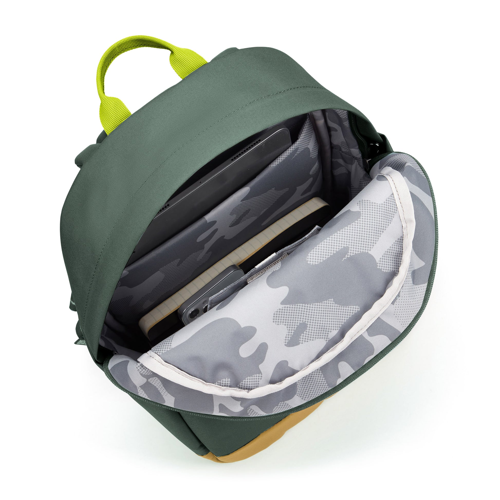 Pacsafe® Go 15L Anti-theft Backpack, spruce green with tan bottom gusset, open view with a laptop, notebook and phone inside.