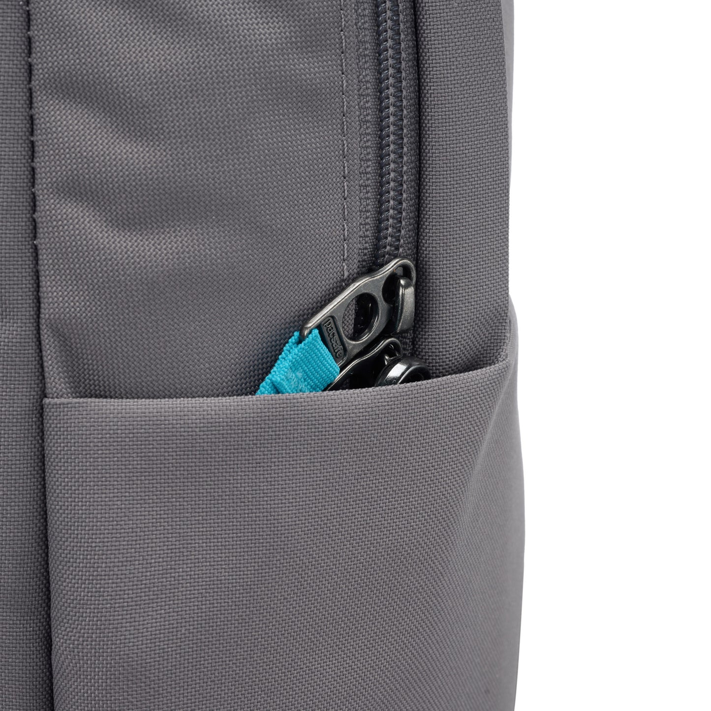 Close up of lockable zipper pulls on stone Pacsafe® GO 25L Anti-theft Backpack
