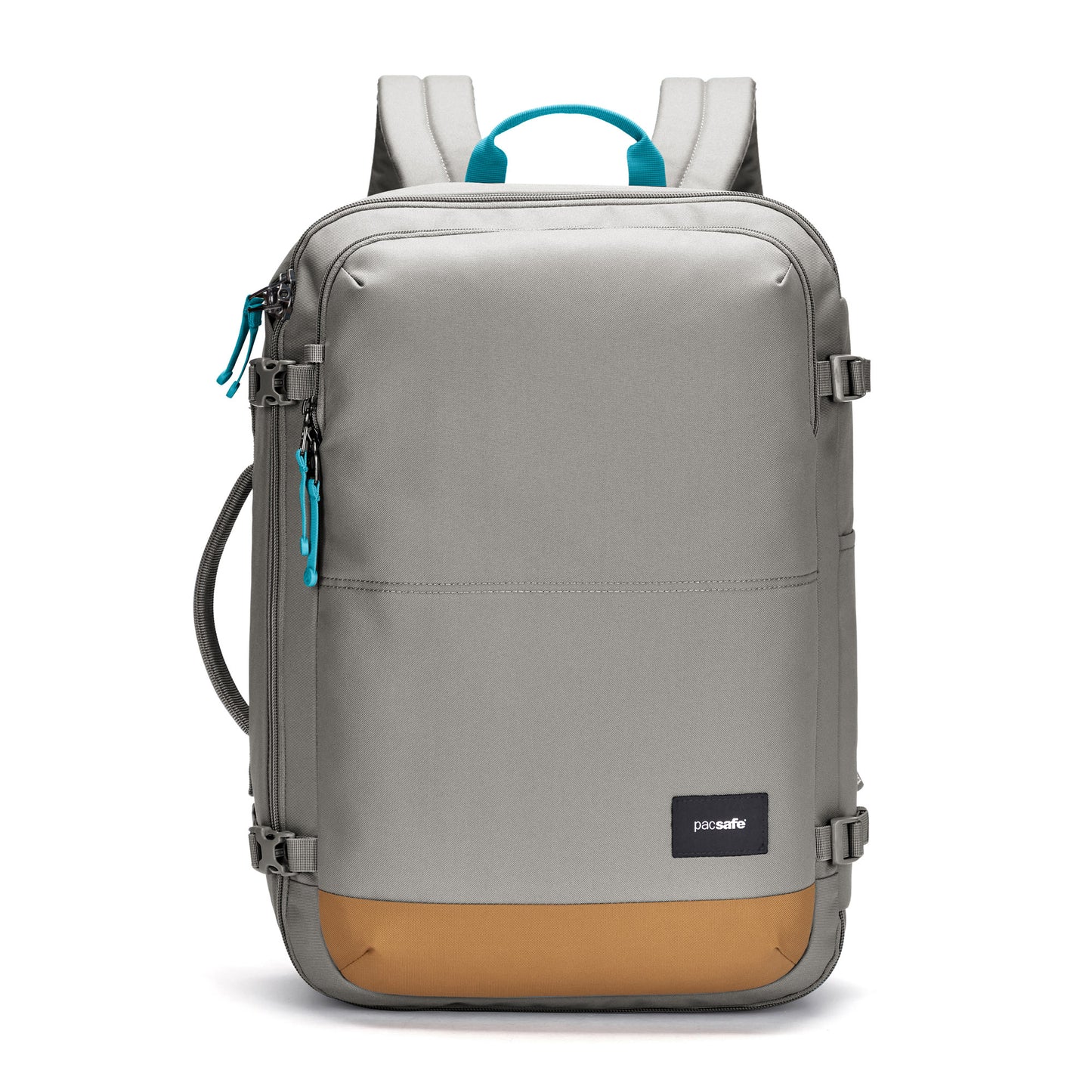 The Pacsafe® GO 34L gray/tan backpack has blue zipper pulls, lockable main compartment, and front logo.