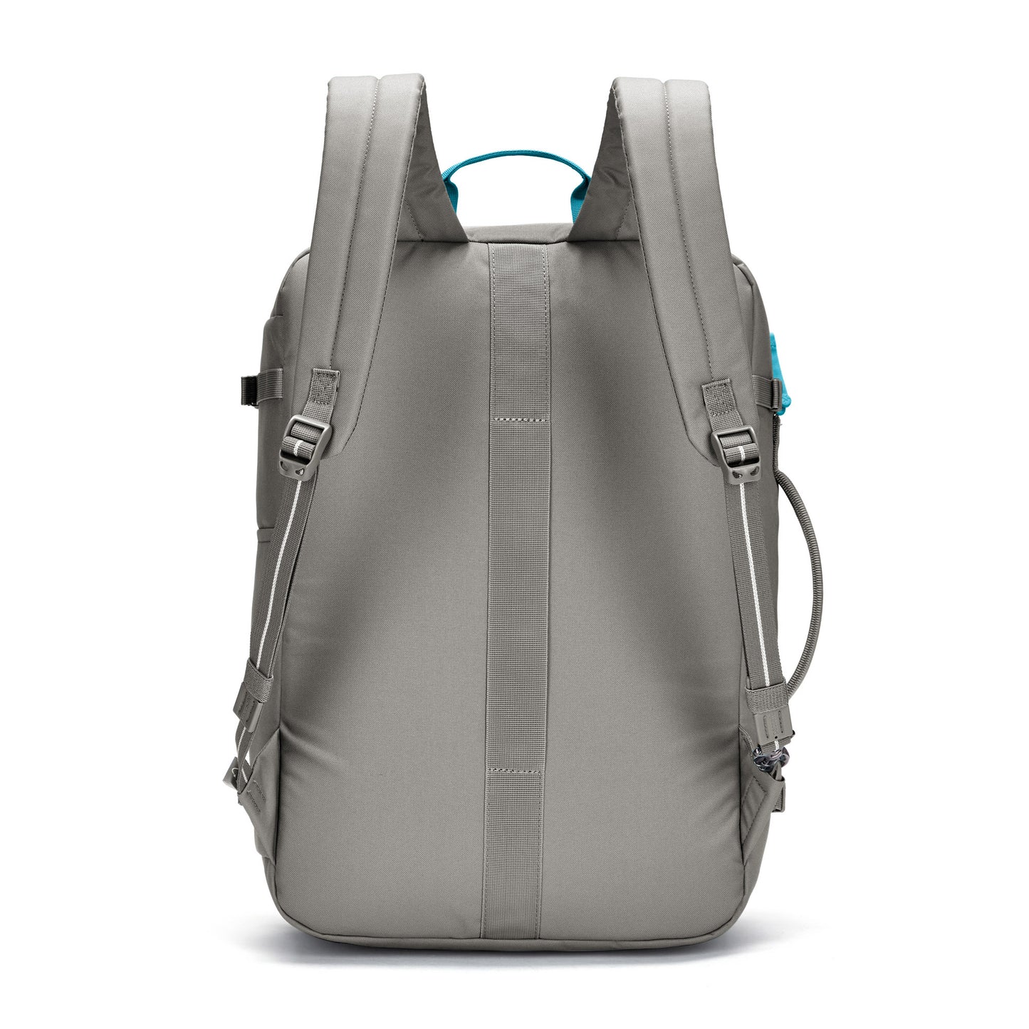 Pacsafe® GO 34L Anti-theft Carry-on Backpack in gray shown from the back with padded straps and blue handle.