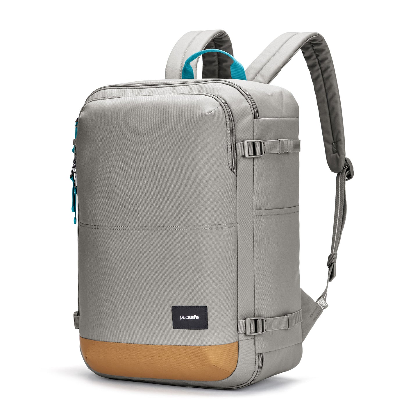Pacsafe® GO 34L Anti-theft Carry-on Backpack in gray/tan with padded straps and lockable main compartment.